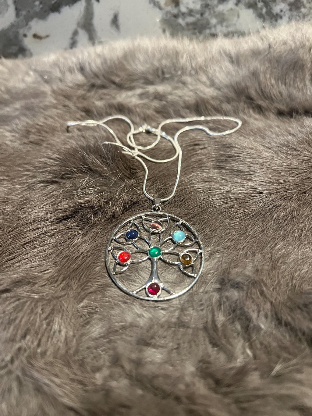 Celtic Tree of Life Necklace: Gemstone Inlay Pendant, Silver Chain