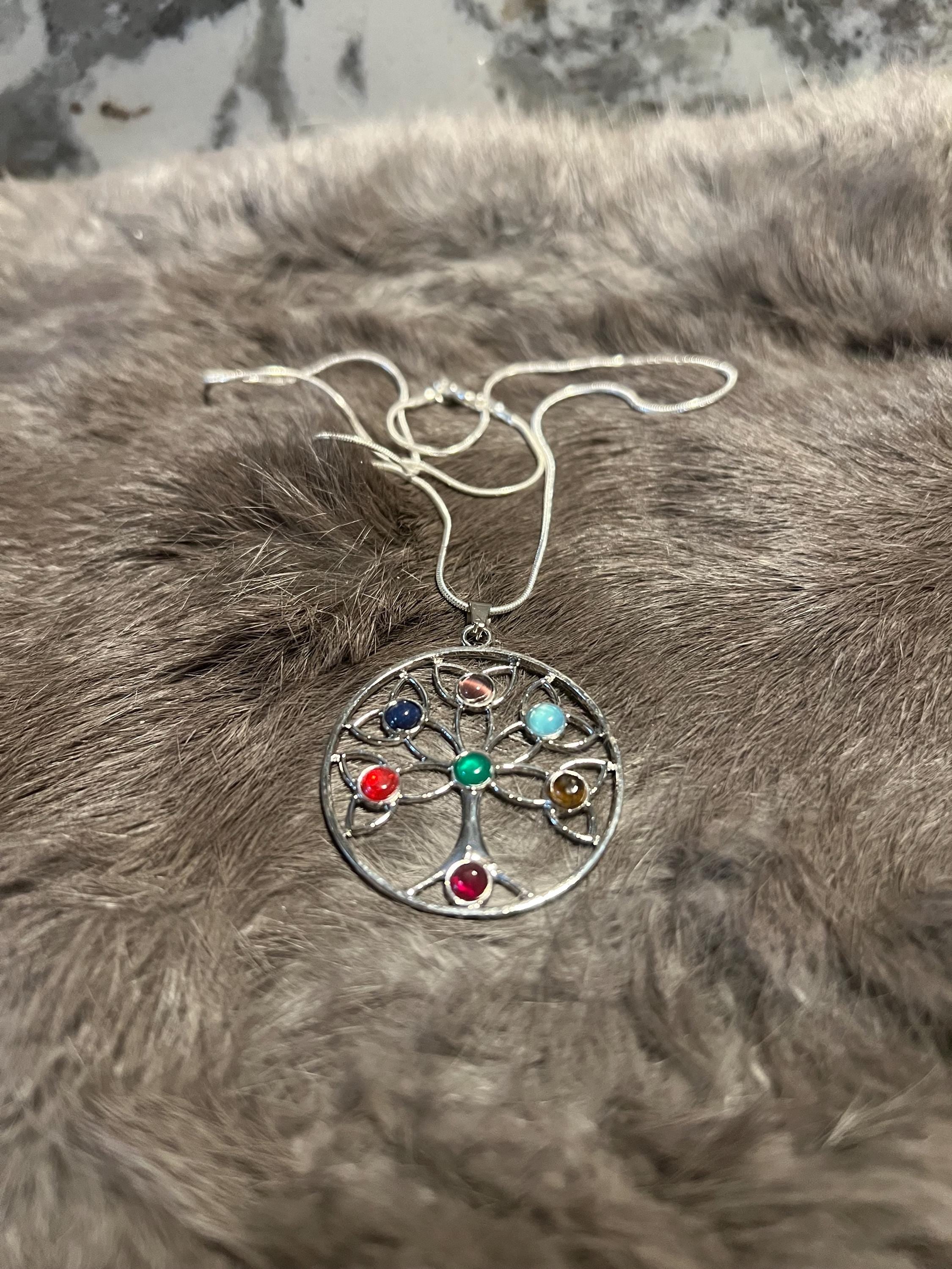 Celtic Tree of Life Necklace: Gemstone Inlay Pendant, Silver Chain