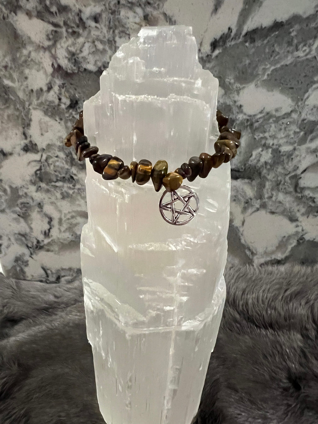 Tiger's Eye Chip Bracelet: Hand Beaded Gemstone Pentacle Charm