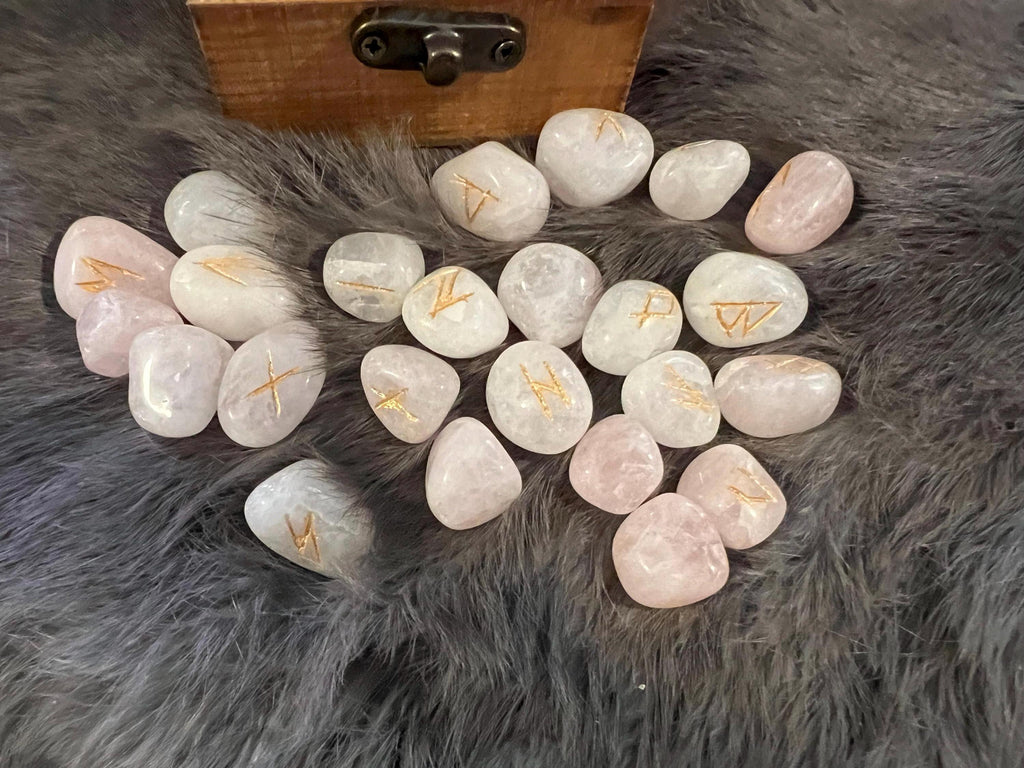 Rose Quartz Elder Futhark Rune Set – Etched Gold, Freya Box