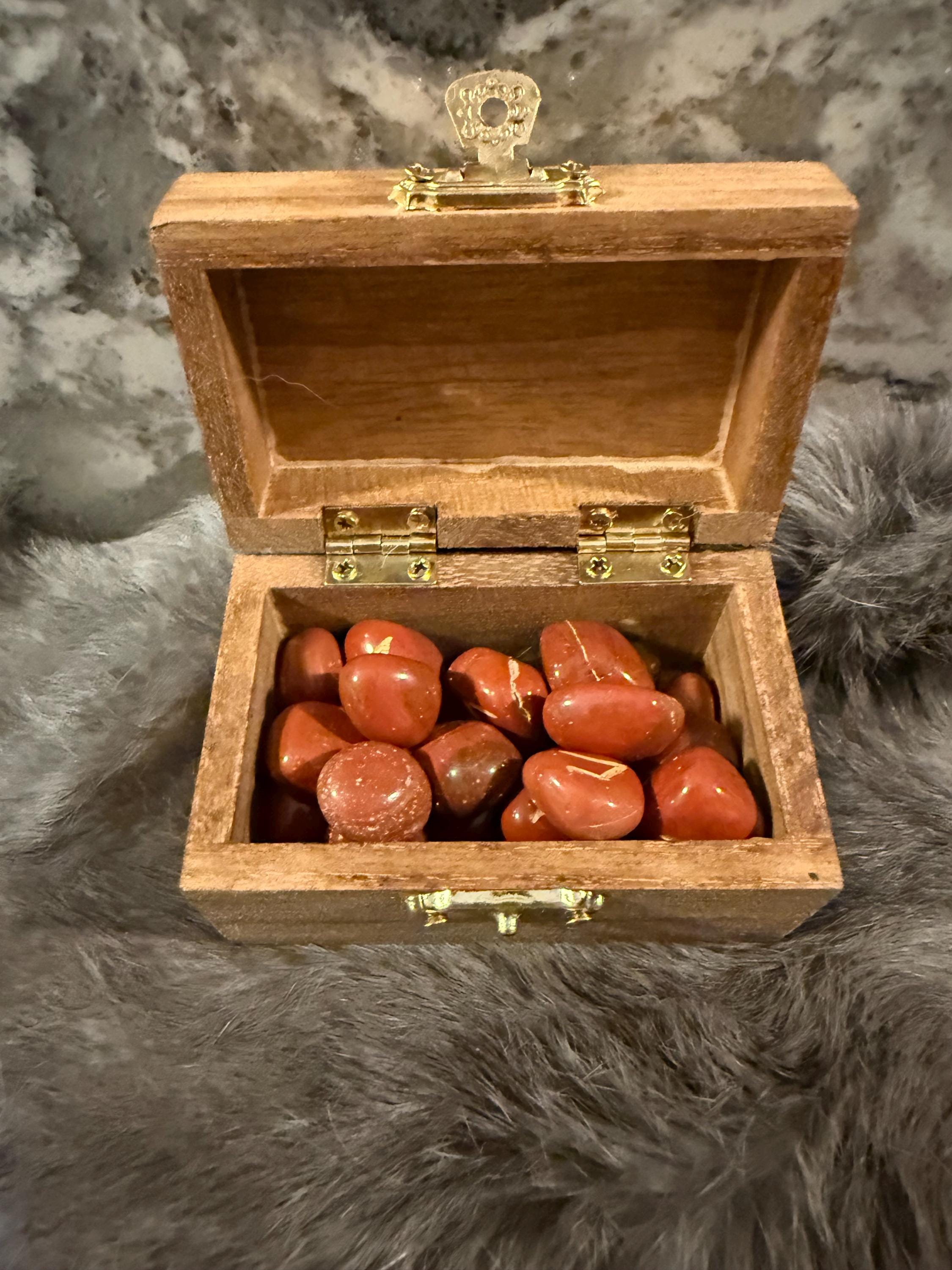 Gemstone Rune Set: Elder Futhark Runes With Fenrir Etched Wooden Box
