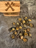 Gemstone Rune Set: Elder Futhark Runes With Crossed Viking Axes Etched Wooden Box