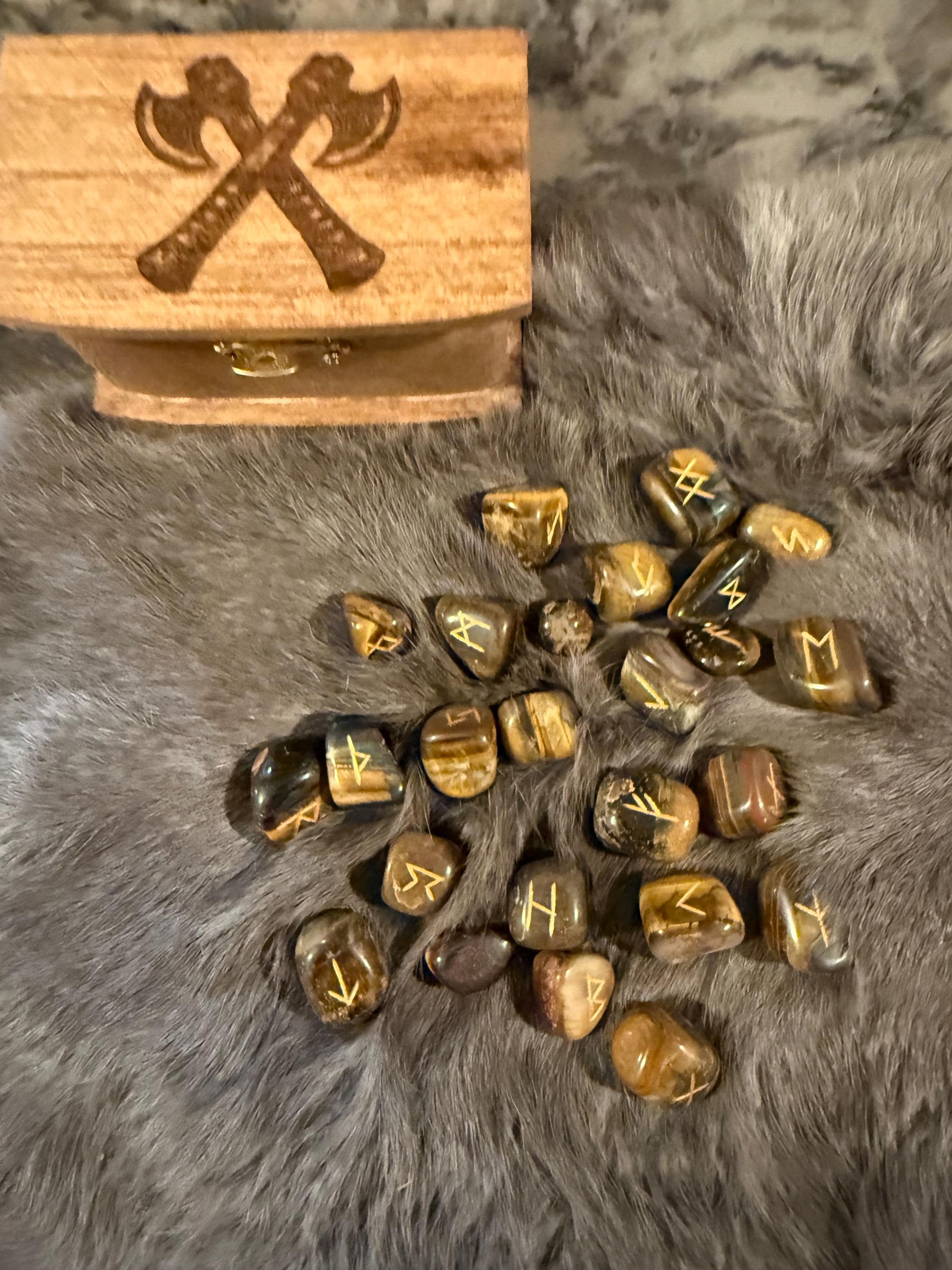 Gemstone Rune Set: Elder Futhark Runes With Crossed Viking Axes Etched Wooden Box