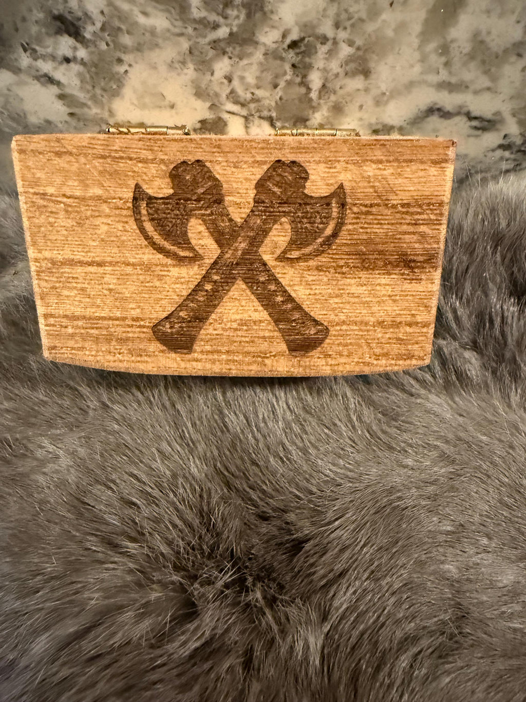 Gemstone Rune Set: Elder Futhark Runes With Crossed Viking Axes Etched Wooden Box