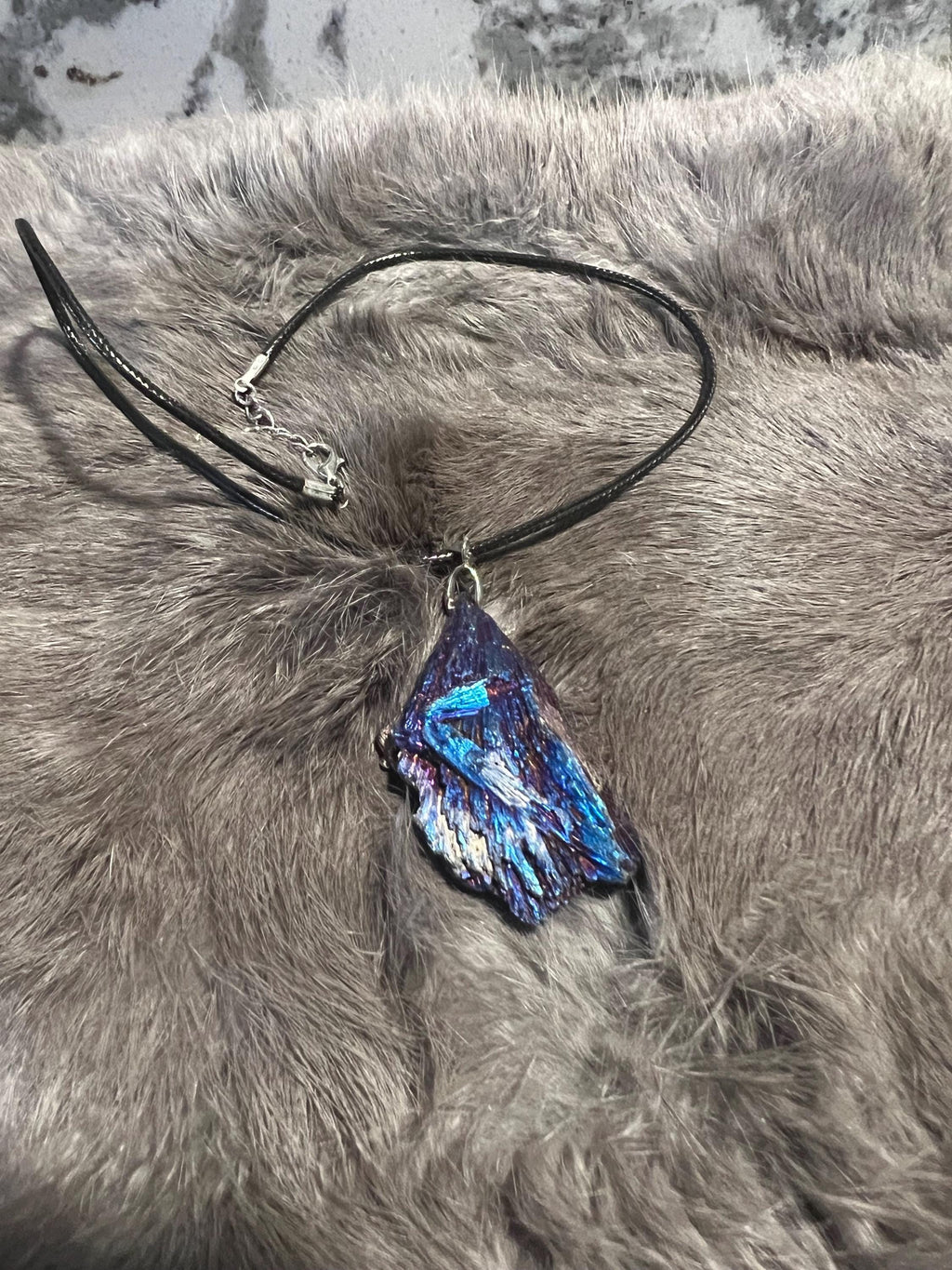 Aura Kyanite Witch Broom Pendant Necklace - Black Leather Cord