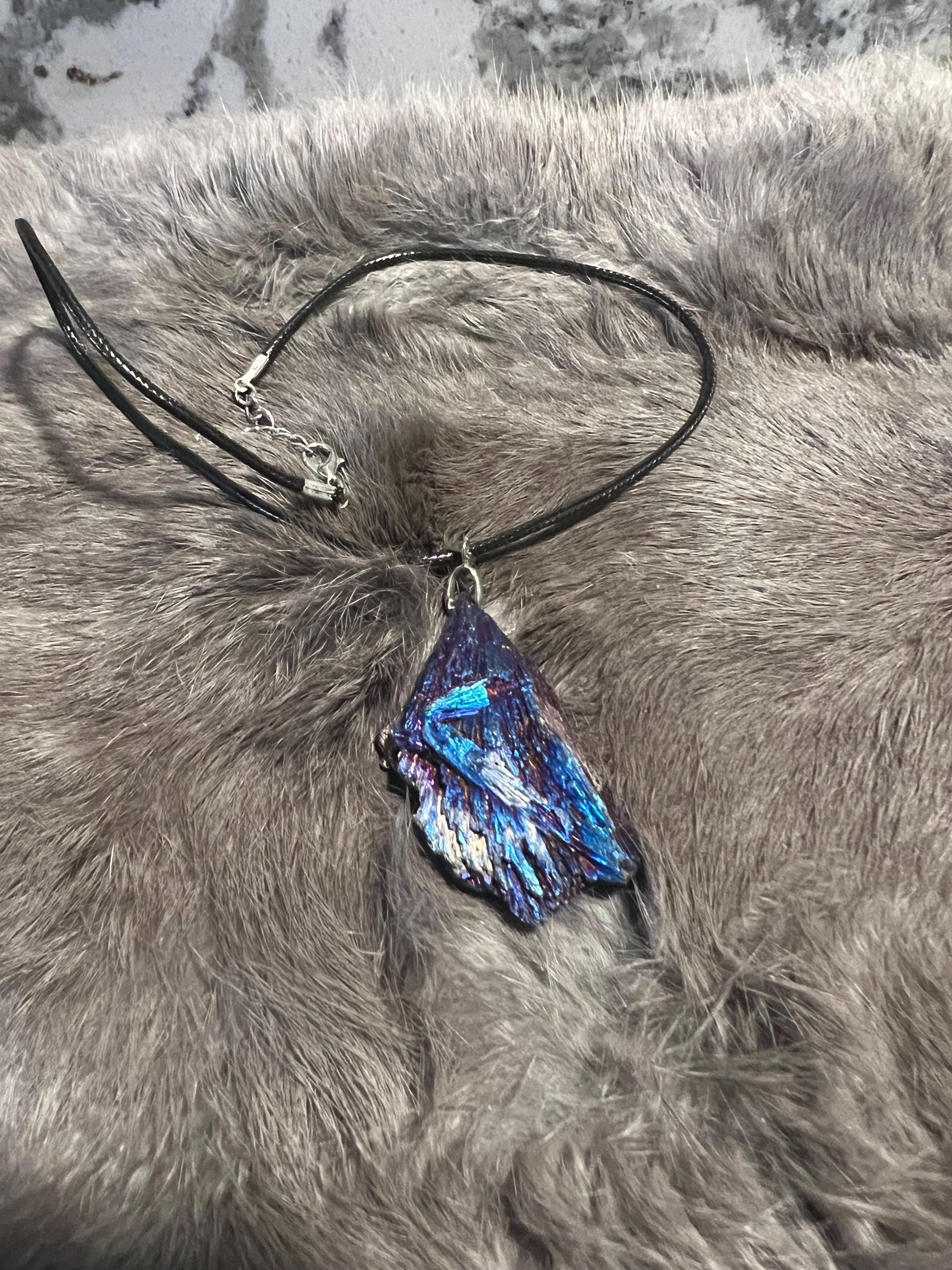 Aura Kyanite Witch Broom Pendant Necklace - Black Leather Cord