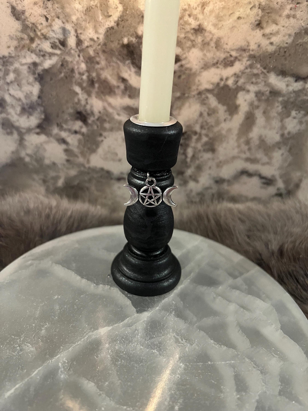 Wooden Chime Candle Holder: Ebony Black Altar Decor with Charm