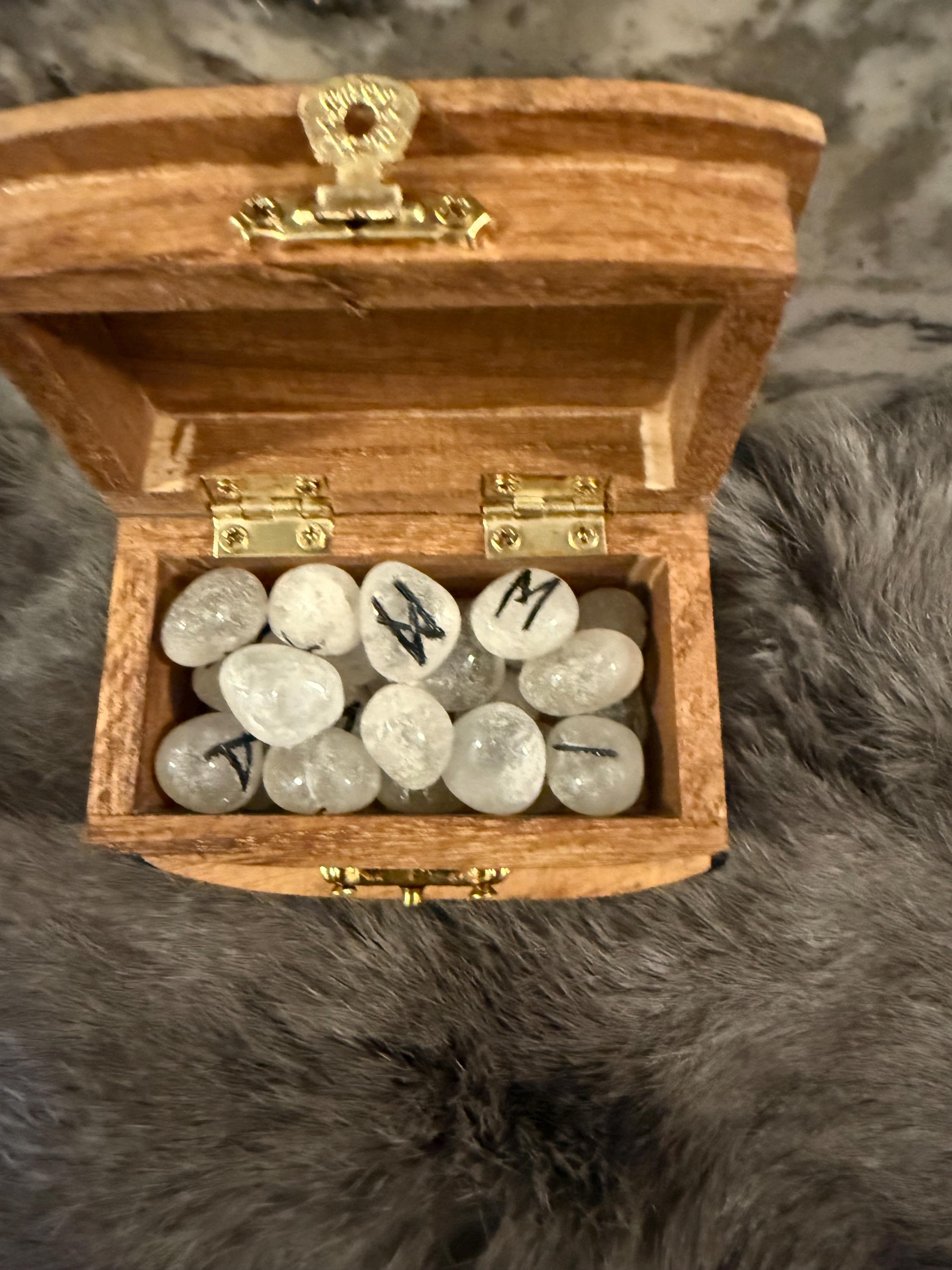 Gemstone Rune Set: Elder Futhark Runes With Thor’s Hammer Etched Wooden Box