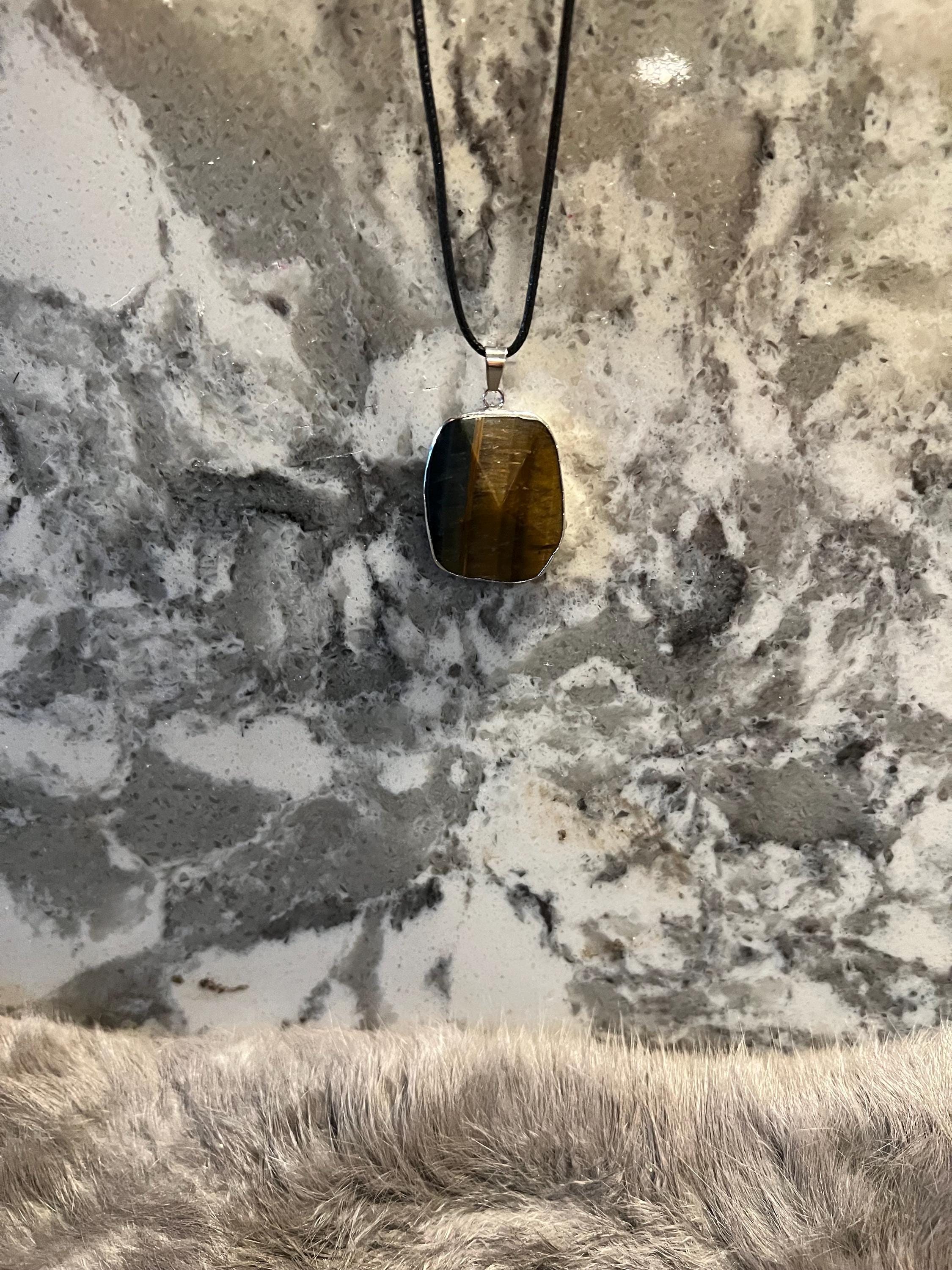 Silver Wrapped Tiger's Eye Pendant Necklace - Leather Cord