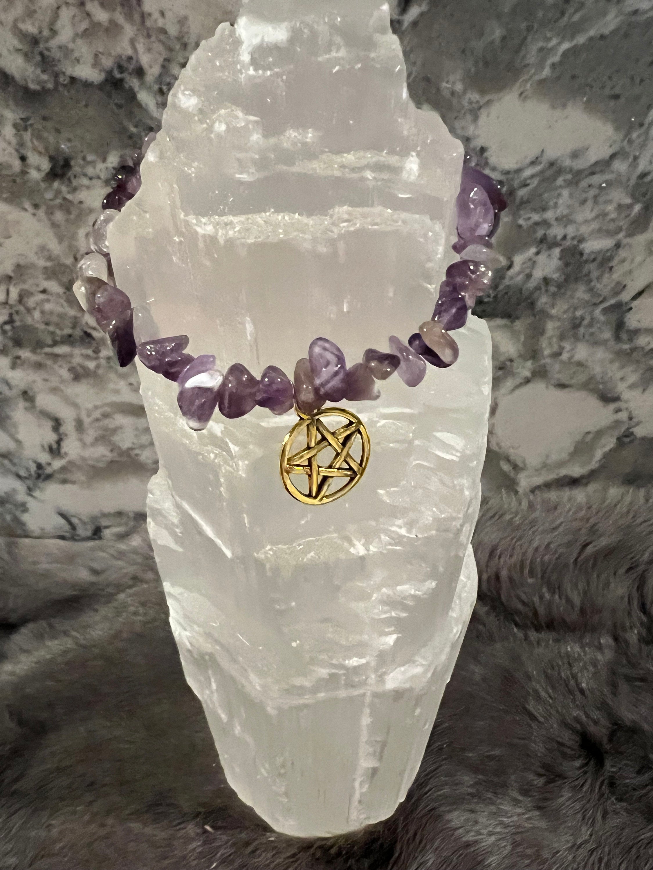 Handmade Amethyst Chip Bracelet with Pentacle Charm