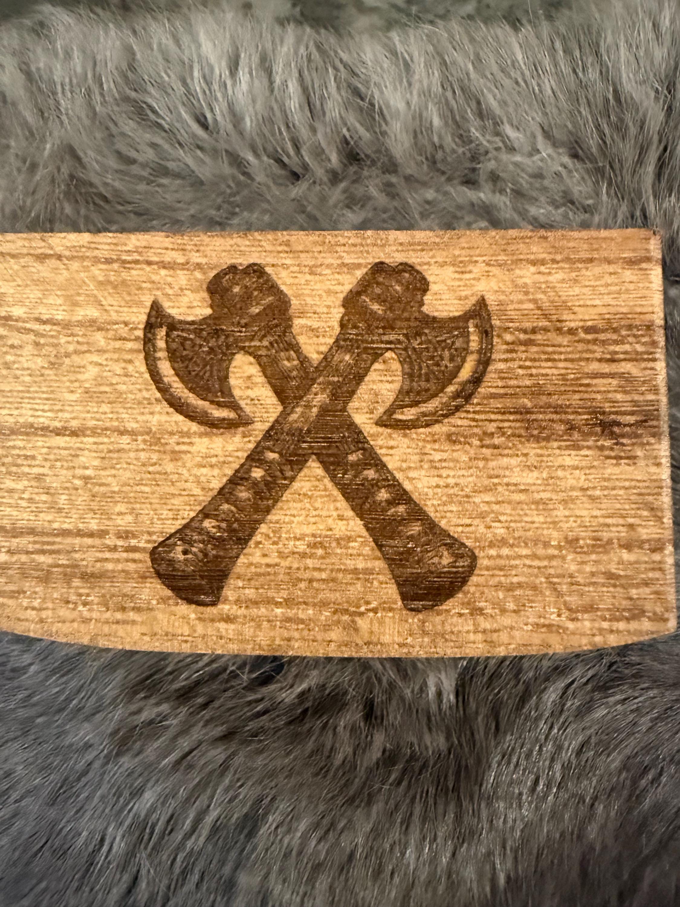 Gemstone Rune Set: Elder Futhark Runes With Crossed Viking Axes Etched Wooden Box