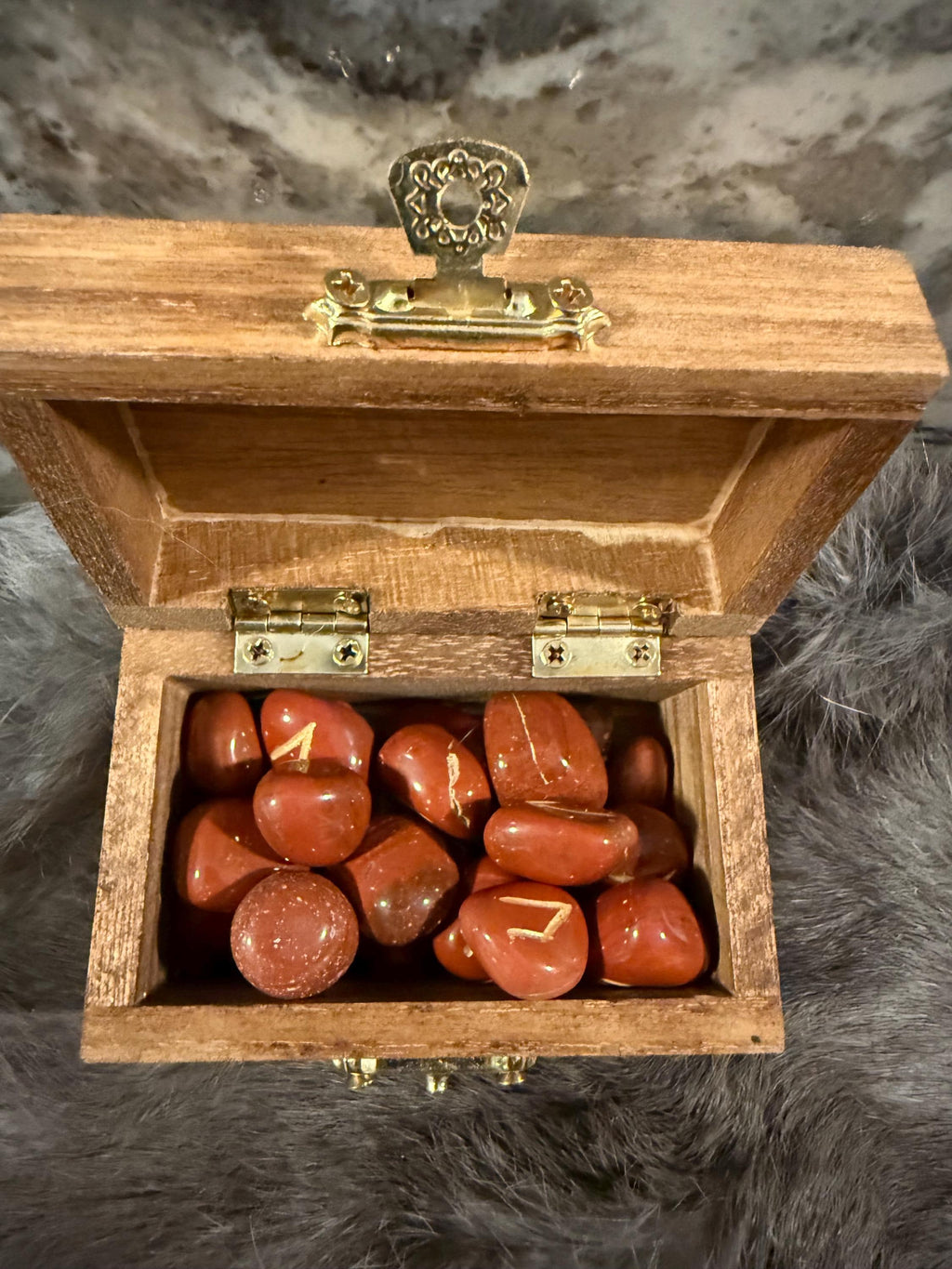 Gemstone Rune Set: Elder Futhark Runes With Fenrir Etched Wooden Box