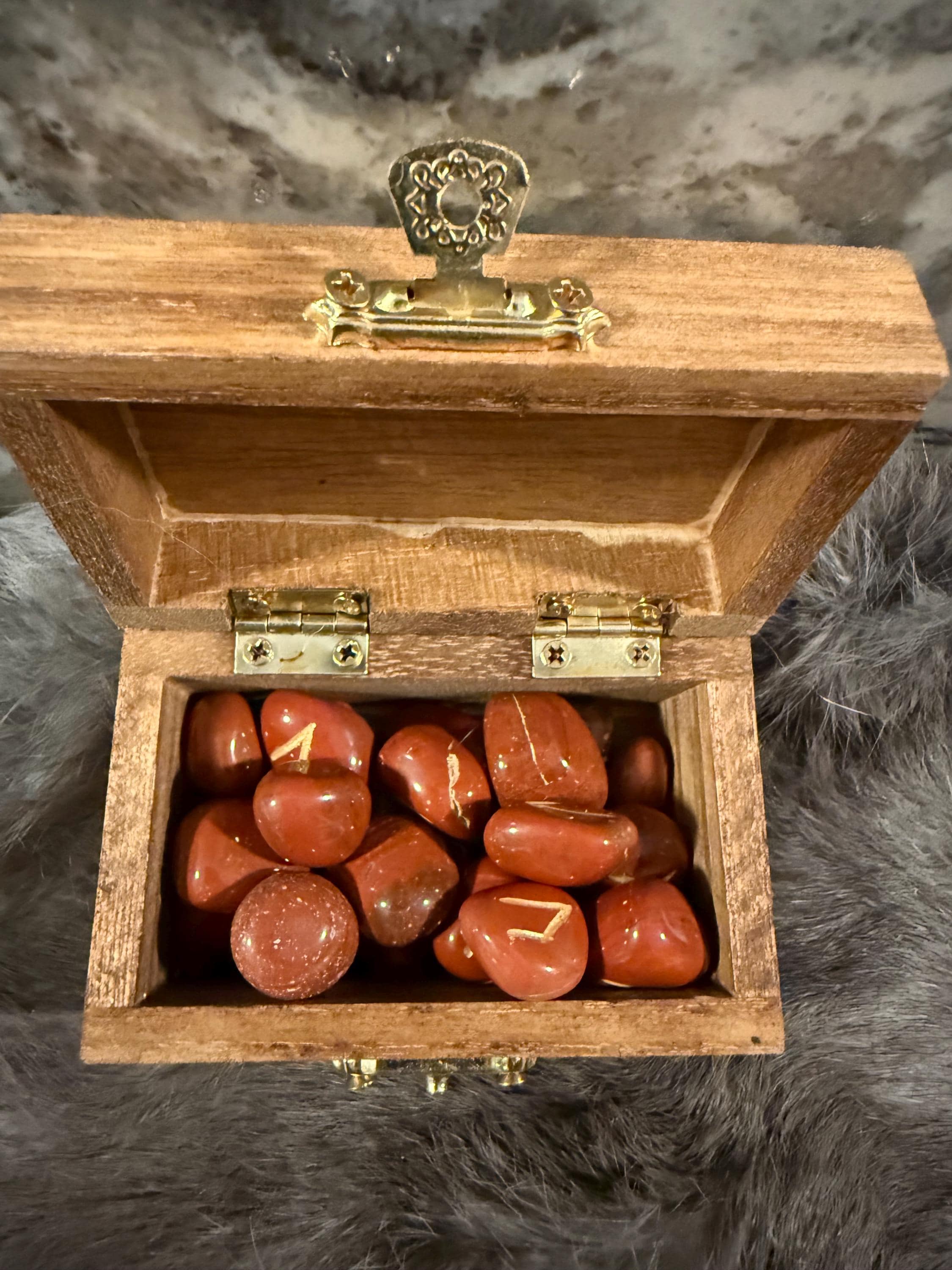 Gemstone Rune Set: Elder Futhark Runes With Fenrir Etched Wooden Box