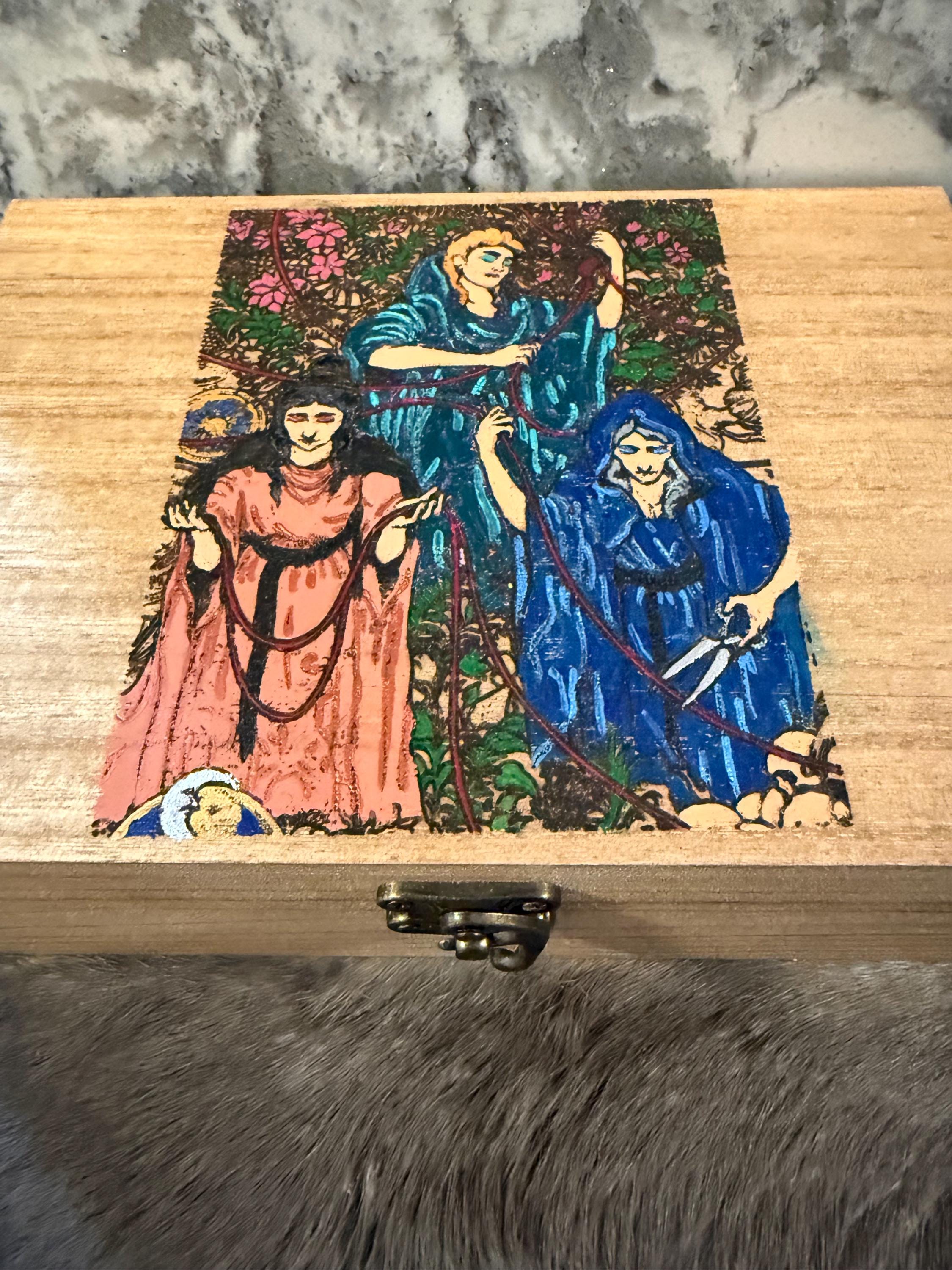 The Three Fates Altar Box: Wood Burned Greek Mythology Keepsake