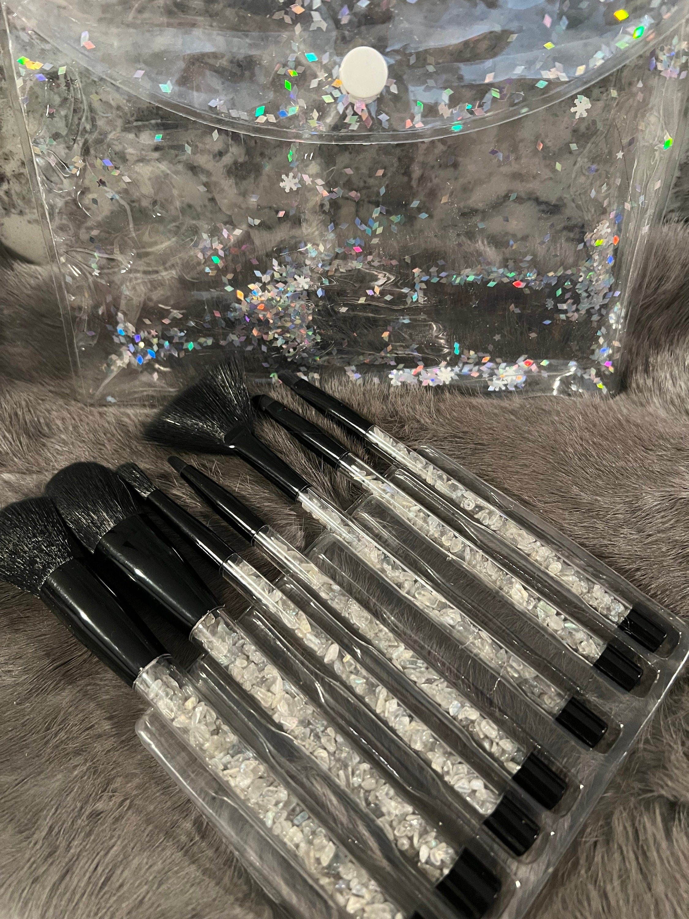 Gemstone Makeup Brush Set: Witchy Black Brushes with Labradorite Chips