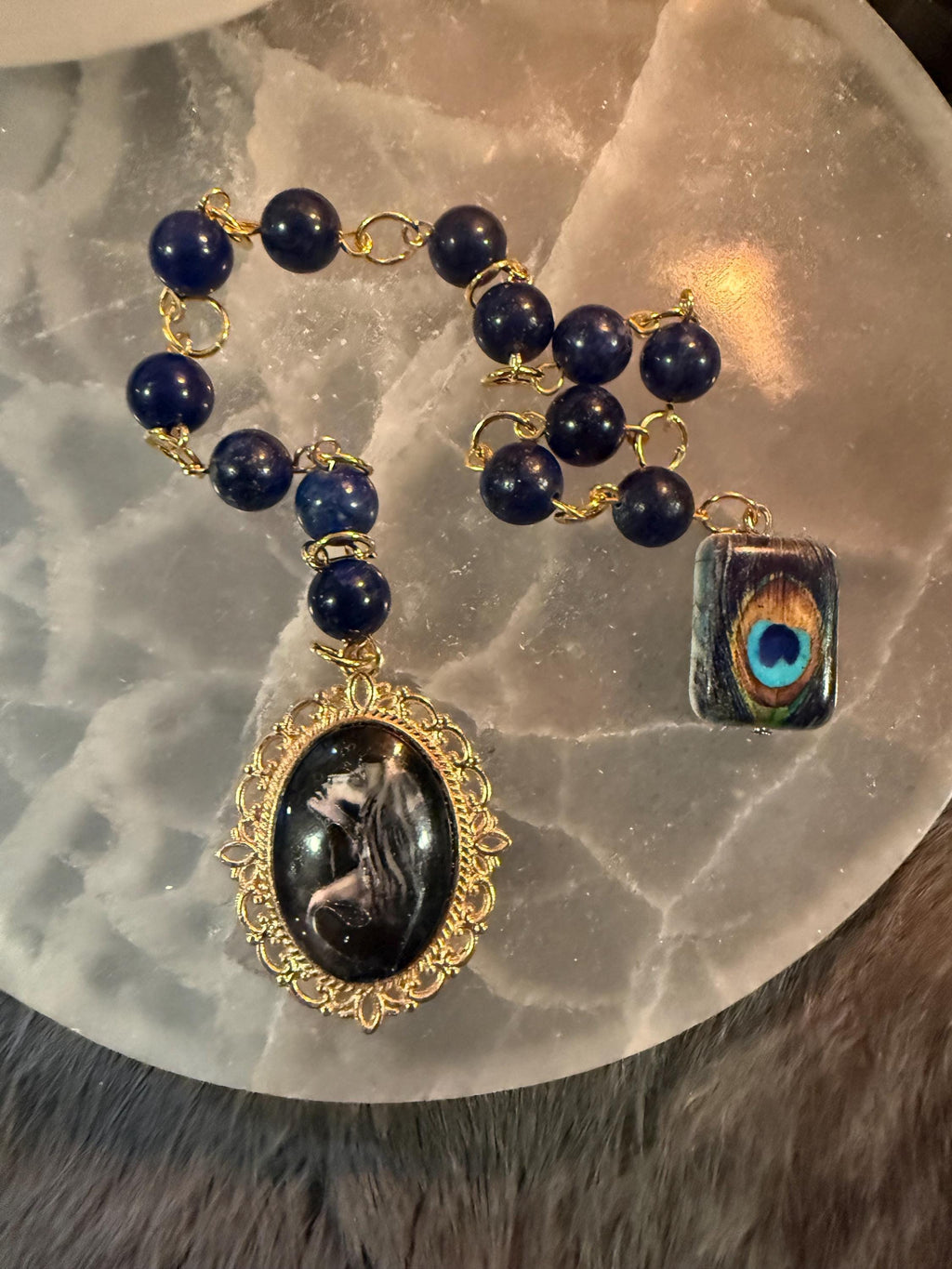 Hera Prayer Beads: Lapis Lazuli Goddess Rosary, Peacock Accent