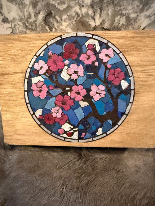 Cherry Blossom Altar Box: Stained Glass Style, Wood Burned