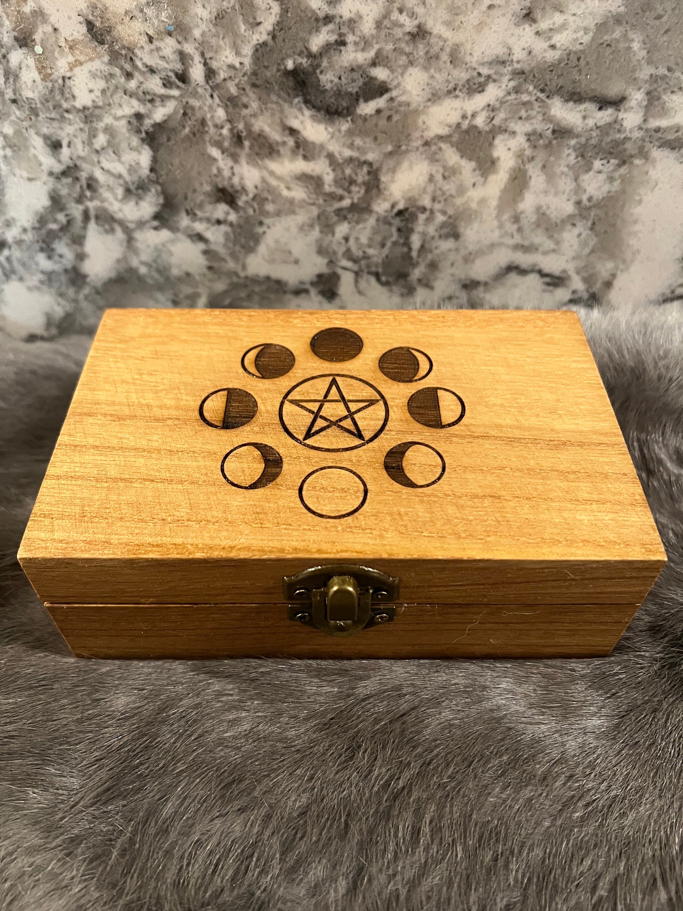 Etched Wood Tarot Card Box: Altar Box with Moon Phases