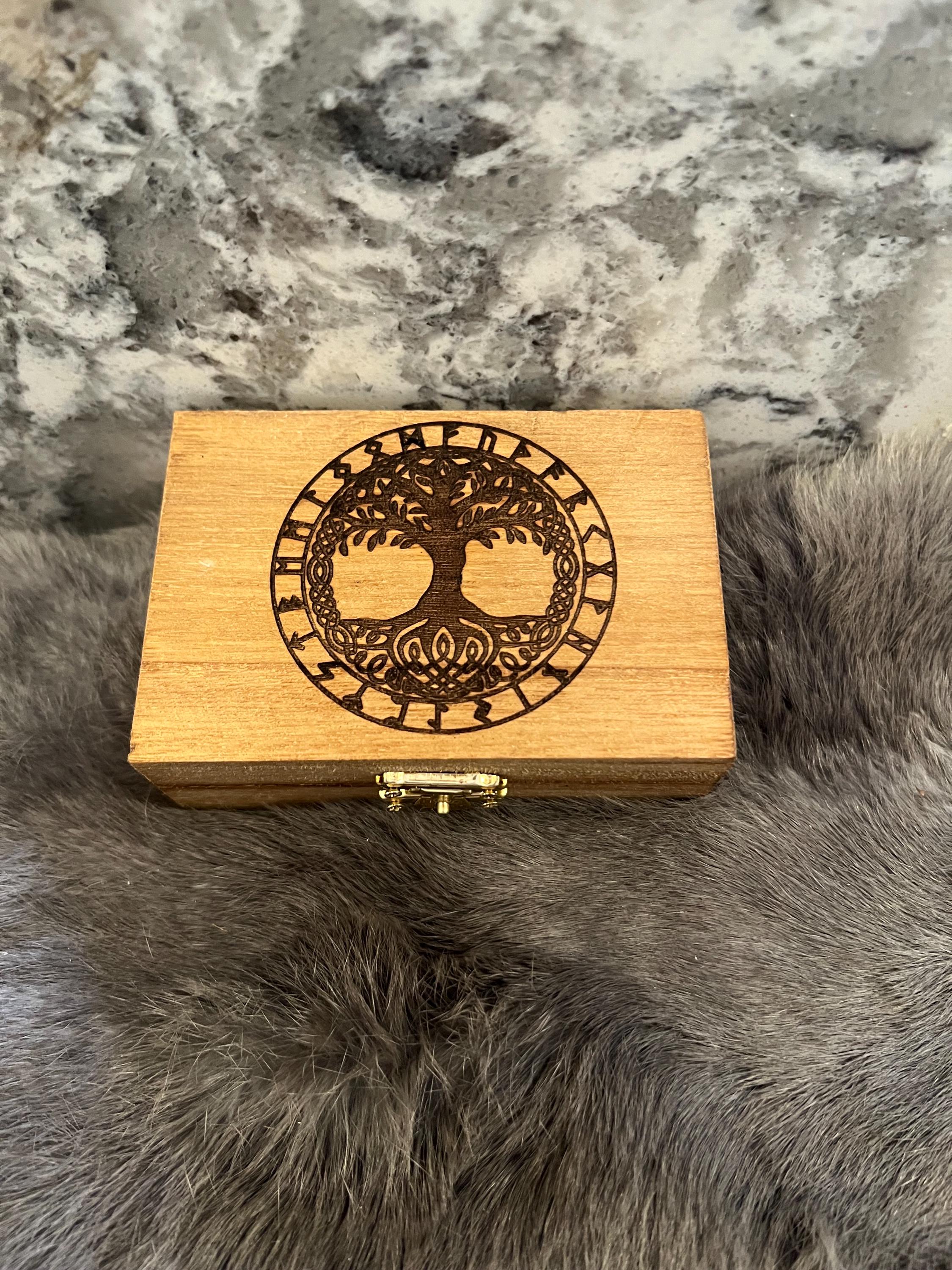 Quartz Rune Set - Gold Etched Elder Futhark, Yggdrasil Box