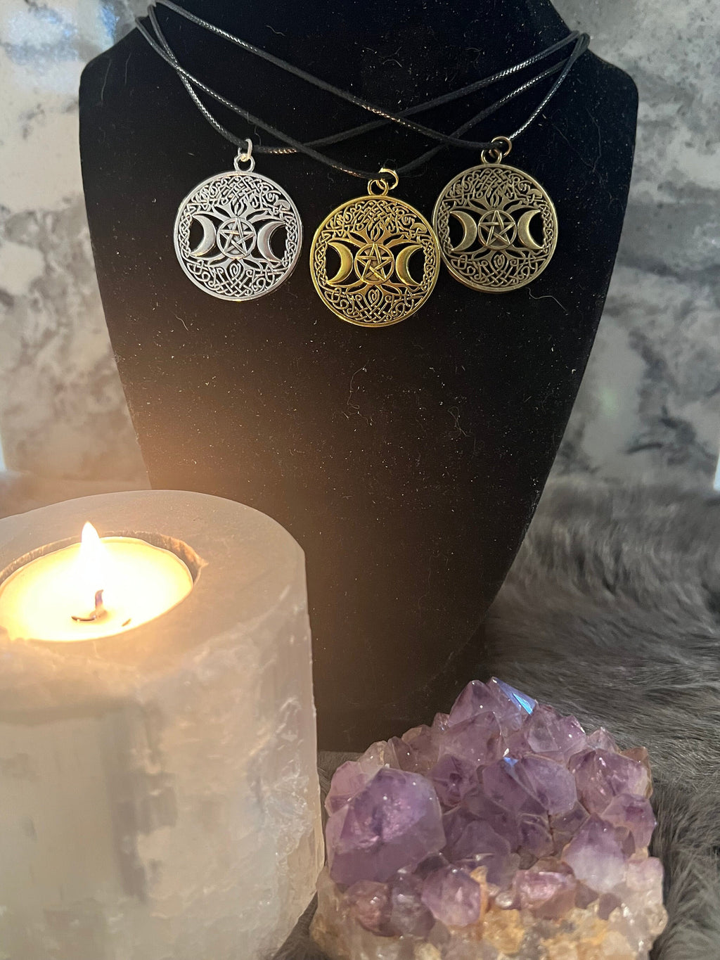 Triple Moon Pentacle Pendant Necklace: Witchy Pagan Jewelry