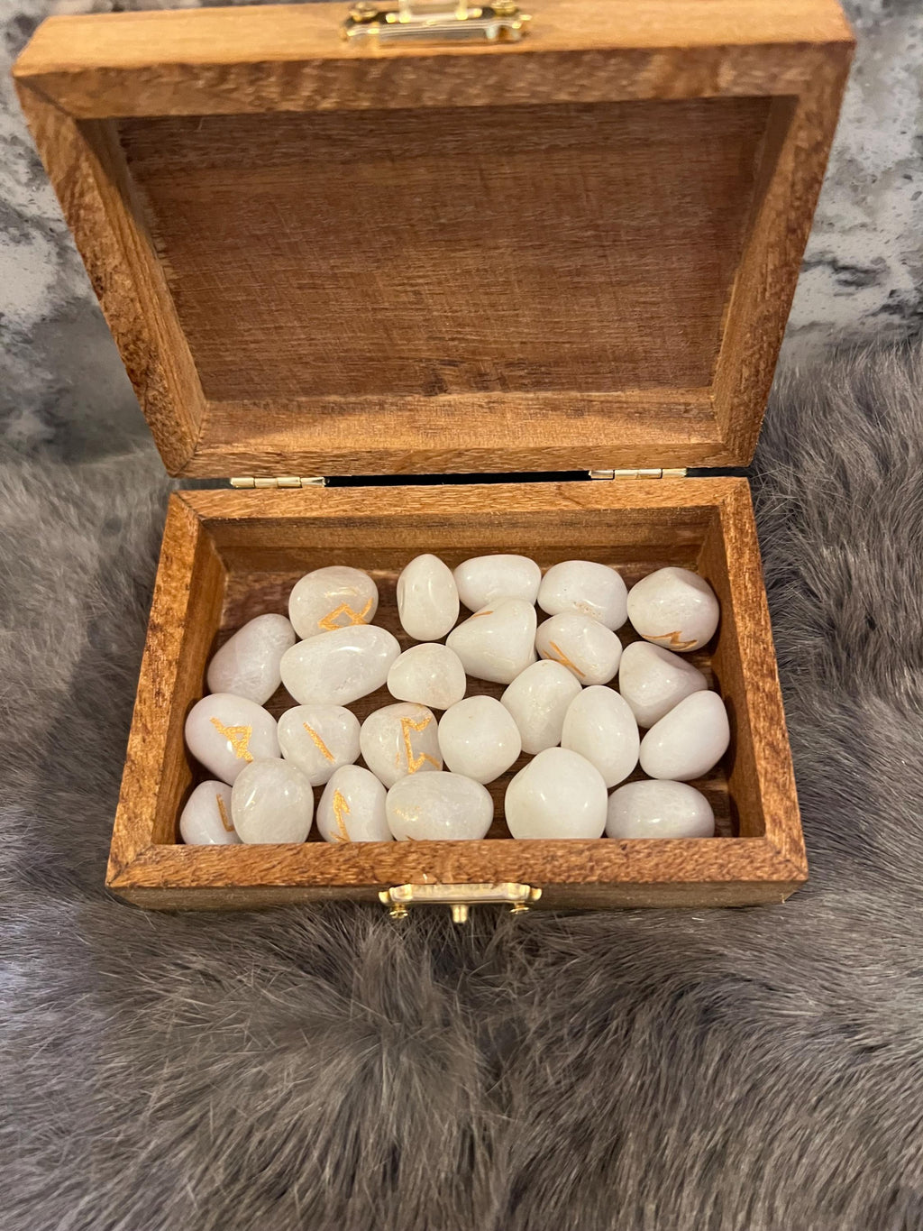 Quartz Rune Set - Gold Etched Elder Futhark, Yggdrasil Box