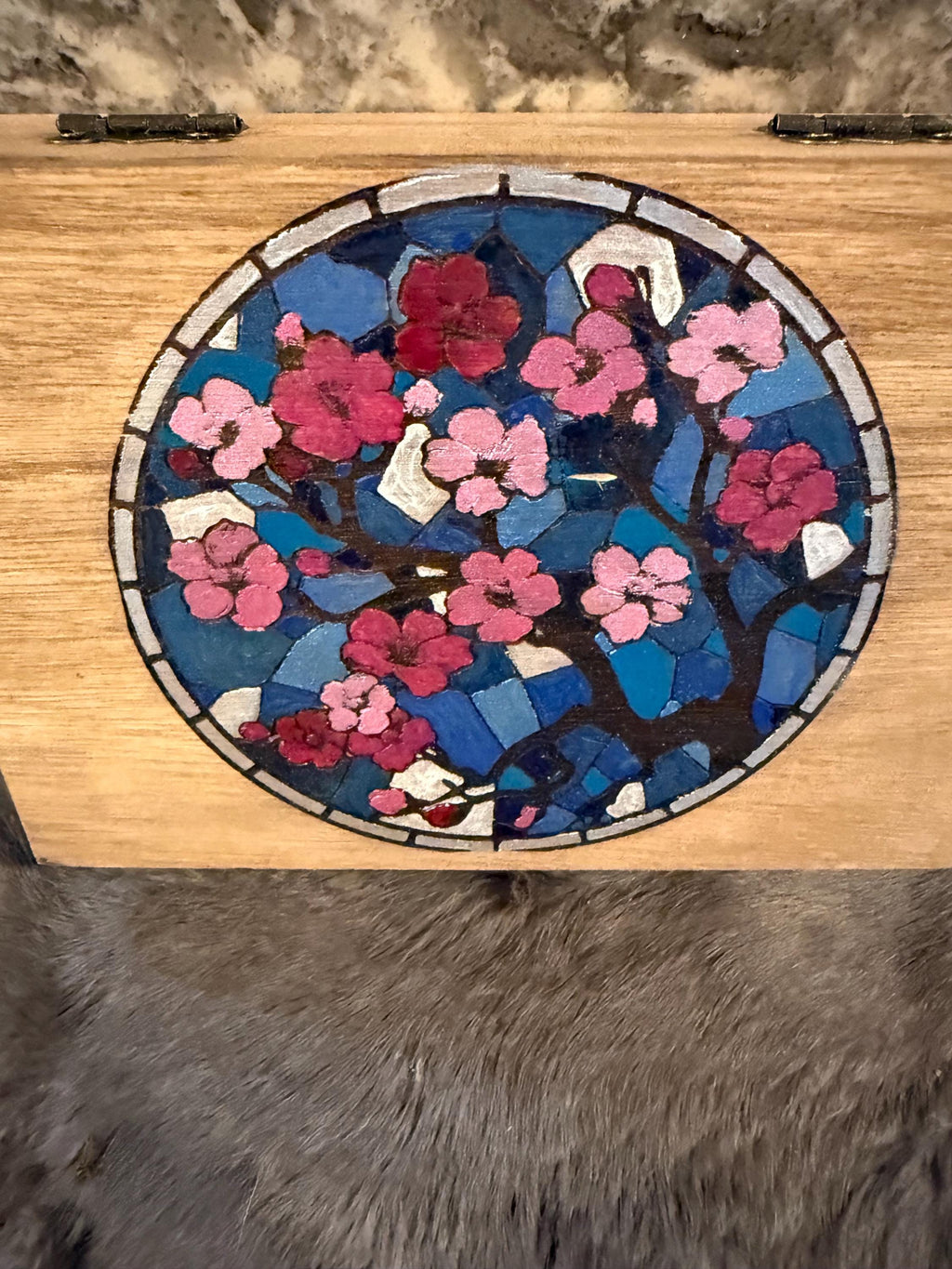 Cherry Blossom Altar Box: Stained Glass Style, Wood Burned