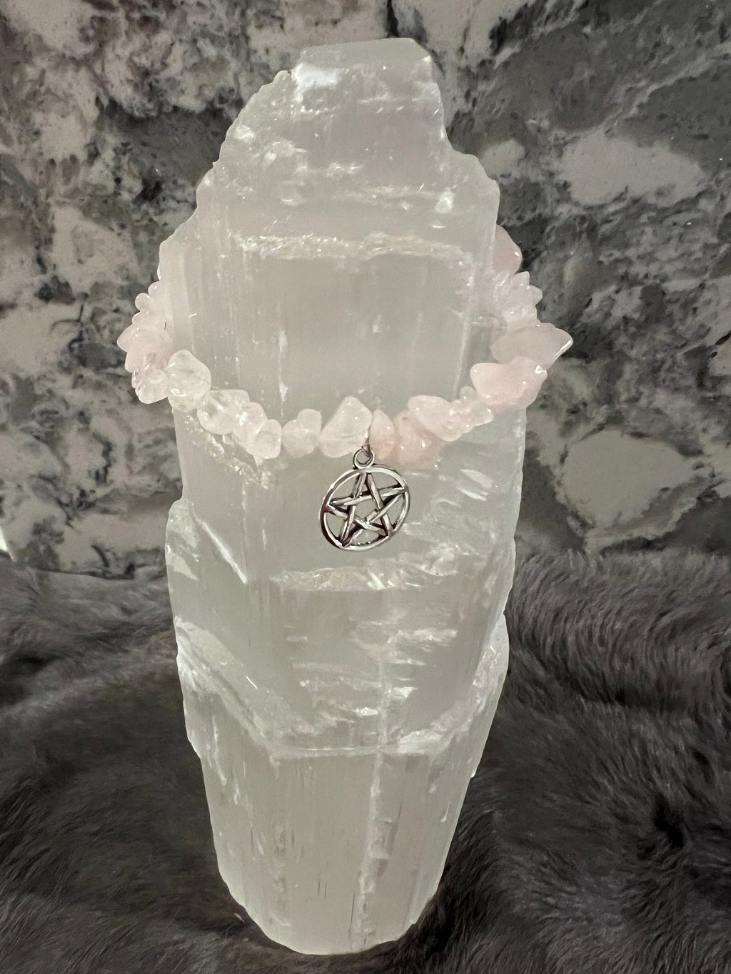 Handmade Rose Quartz Chip Bracelet: Gemstone Pentacle Charm