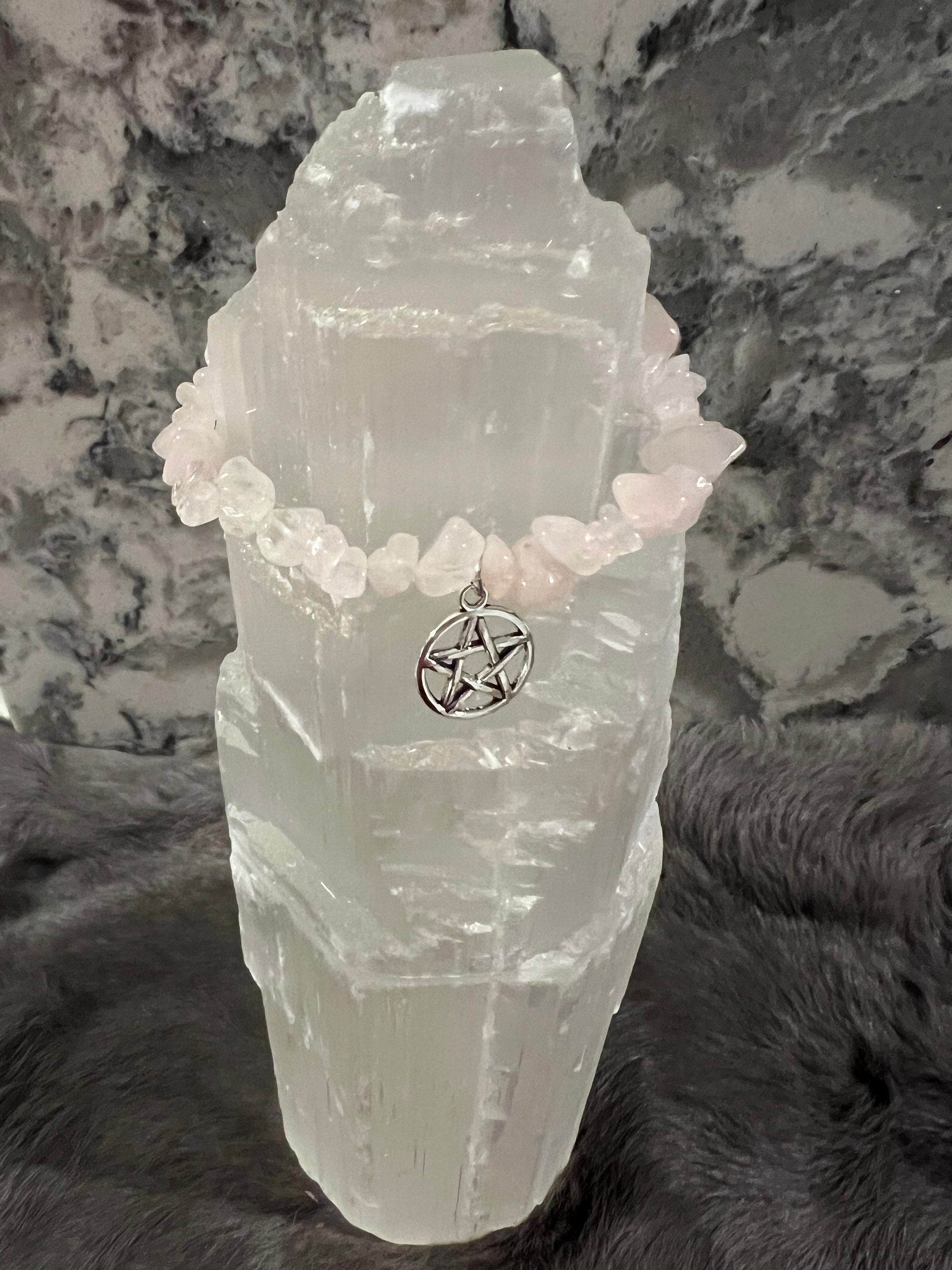 Handmade Rose Quartz Chip Bracelet: Gemstone Pentacle Charm