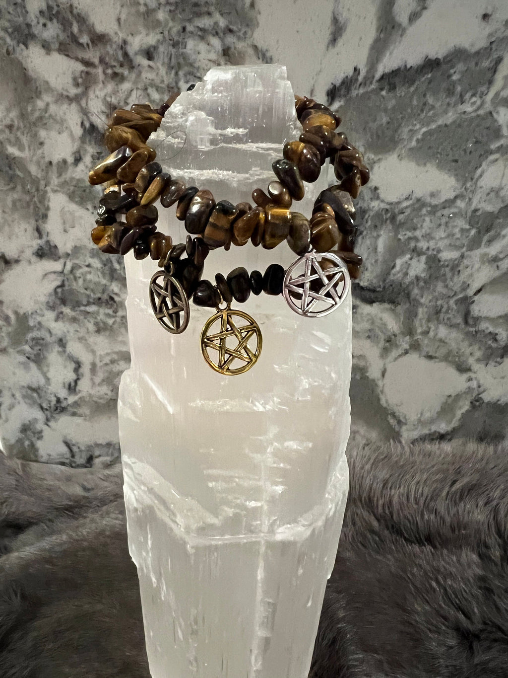 Tiger's Eye Chip Bracelet: Hand Beaded Gemstone Pentacle Charm