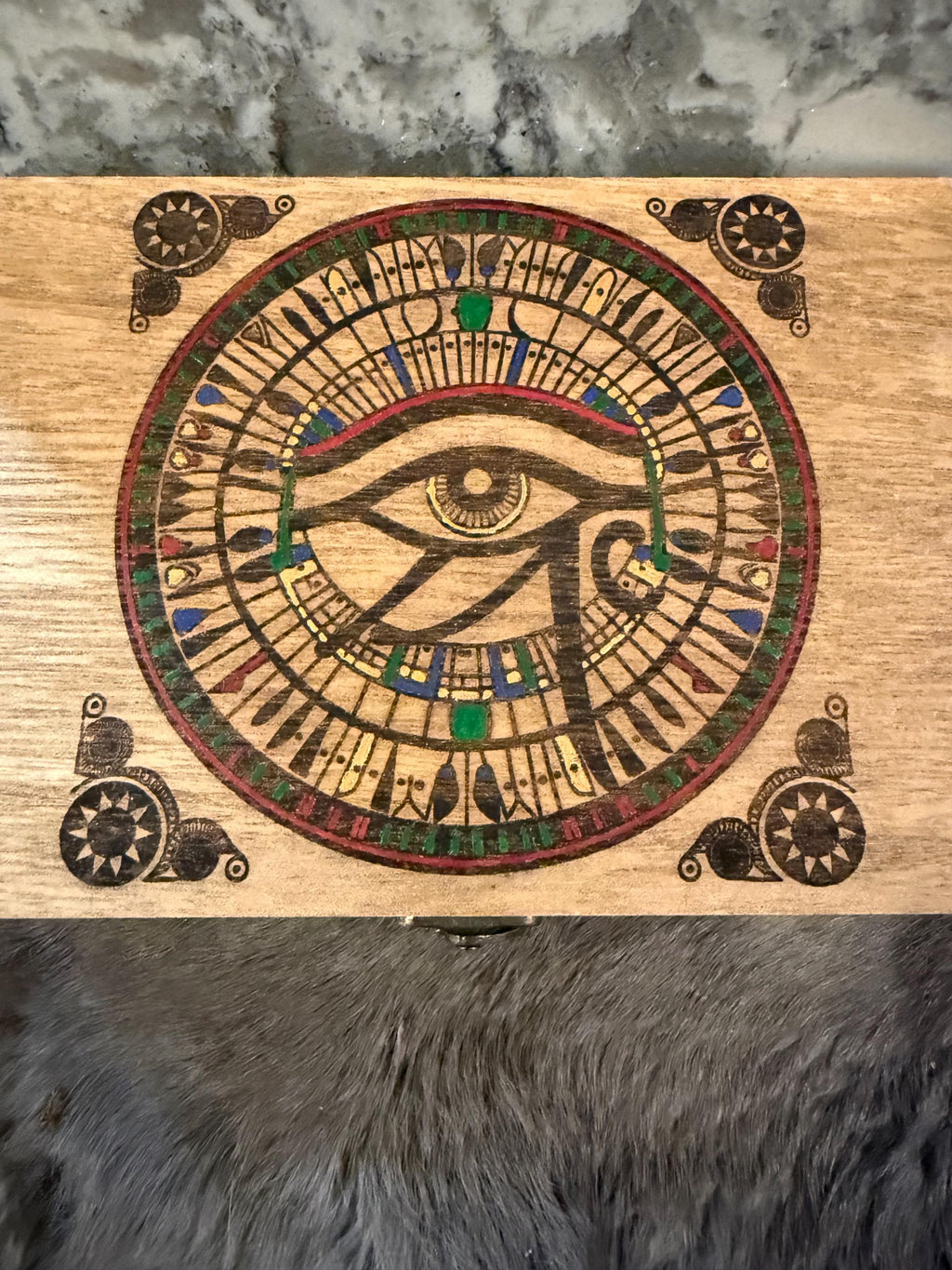 Eye of Ra Altar Box: Wood Burned Mosaic, Deity Storage