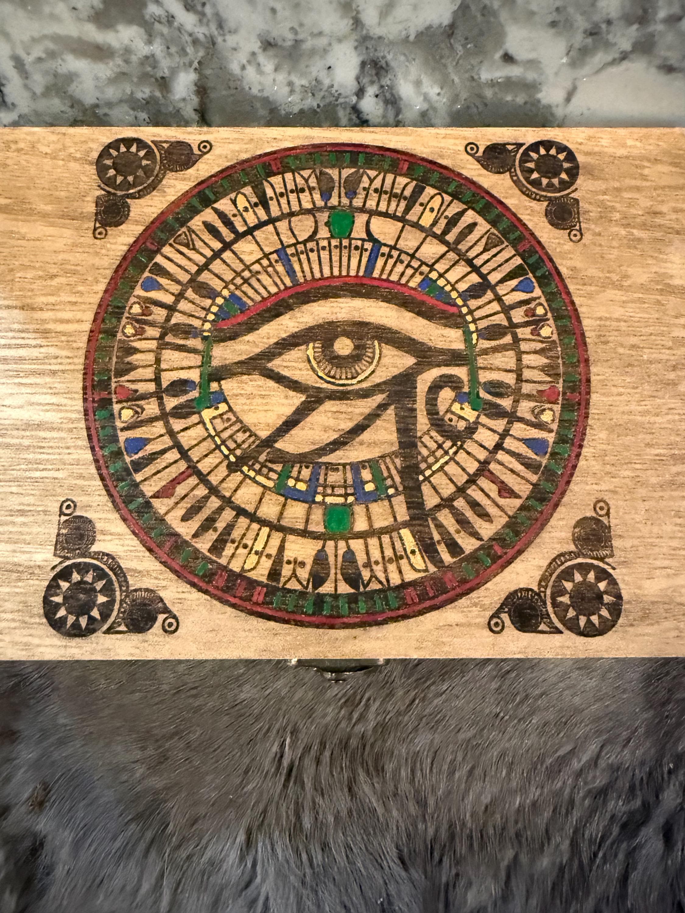 Eye of Ra Altar Box: Wood Burned Mosaic, Deity Storage