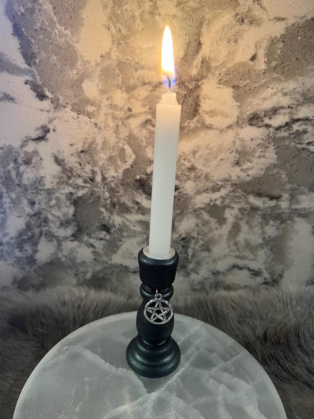 Wooden Chime Candle Holder: Ebony Black Altar Decor with Charm