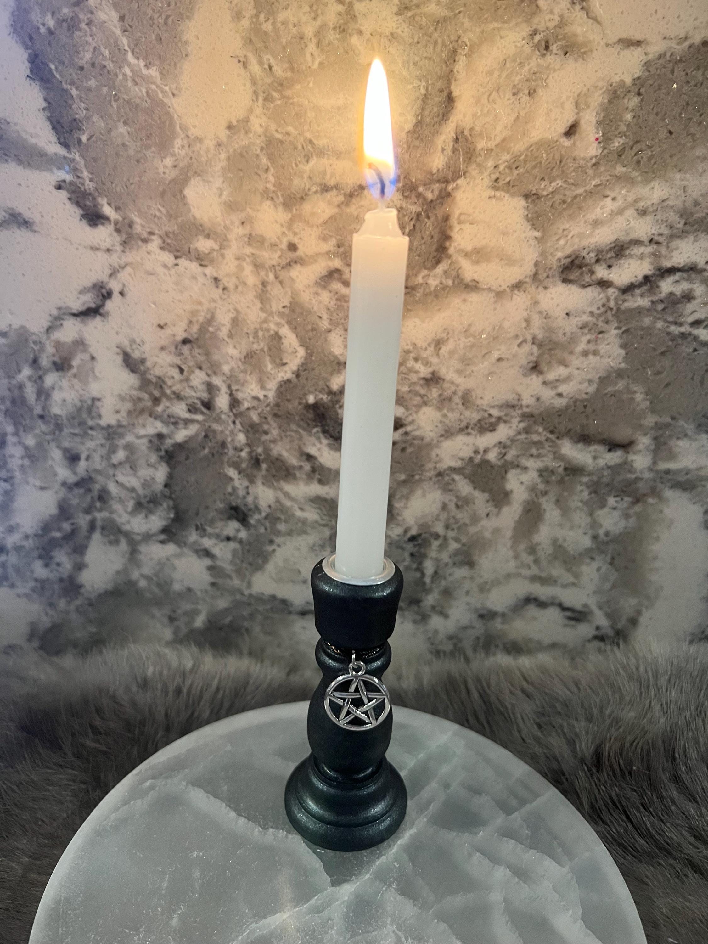 Wooden Chime Candle Holder: Ebony Black Altar Decor with Charm
