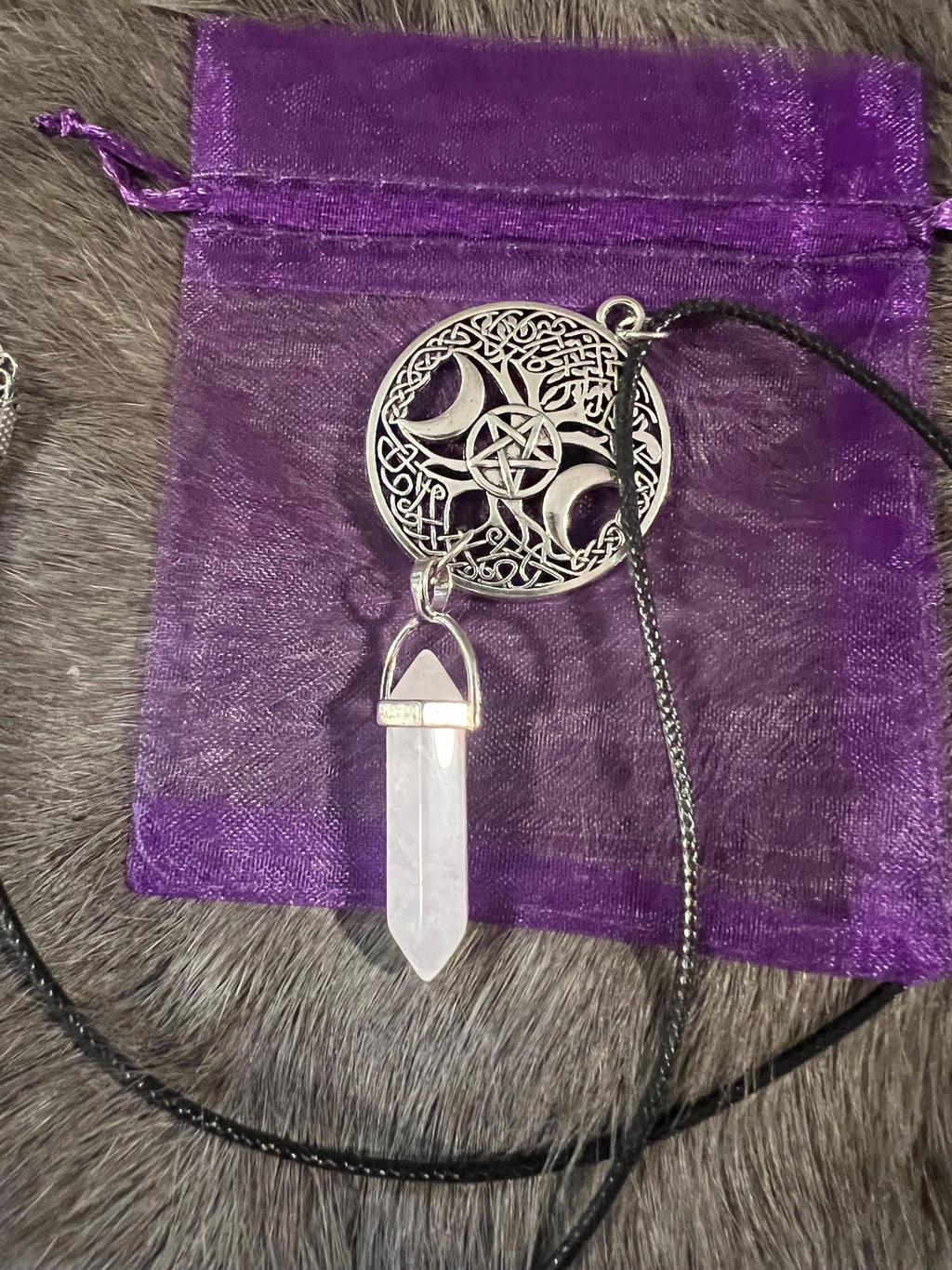 Triple Moon Pentacle Necklace: Quartz Witchy Pendant