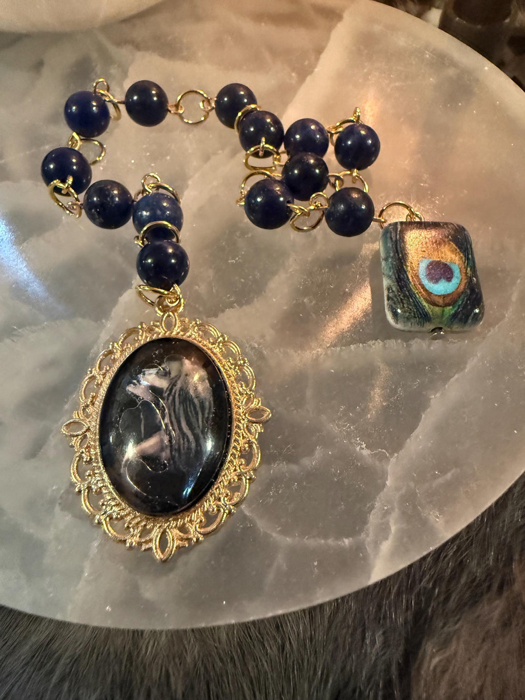 Hera Prayer Beads: Lapis Lazuli Goddess Rosary, Peacock Accent