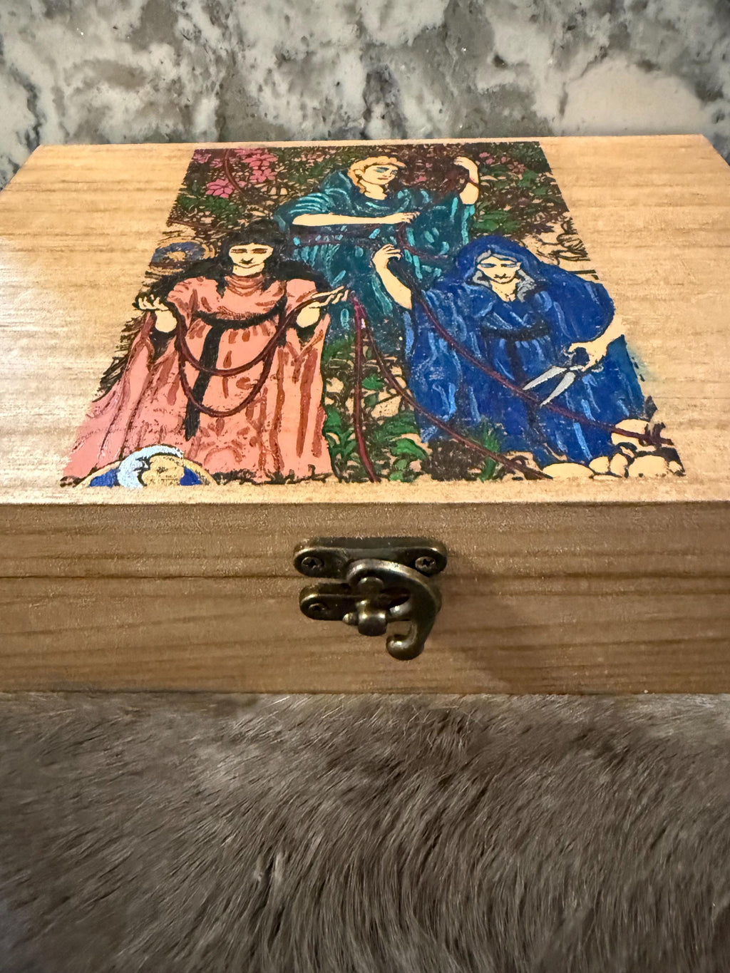 The Three Fates Altar Box: Wood Burned Greek Mythology Keepsake