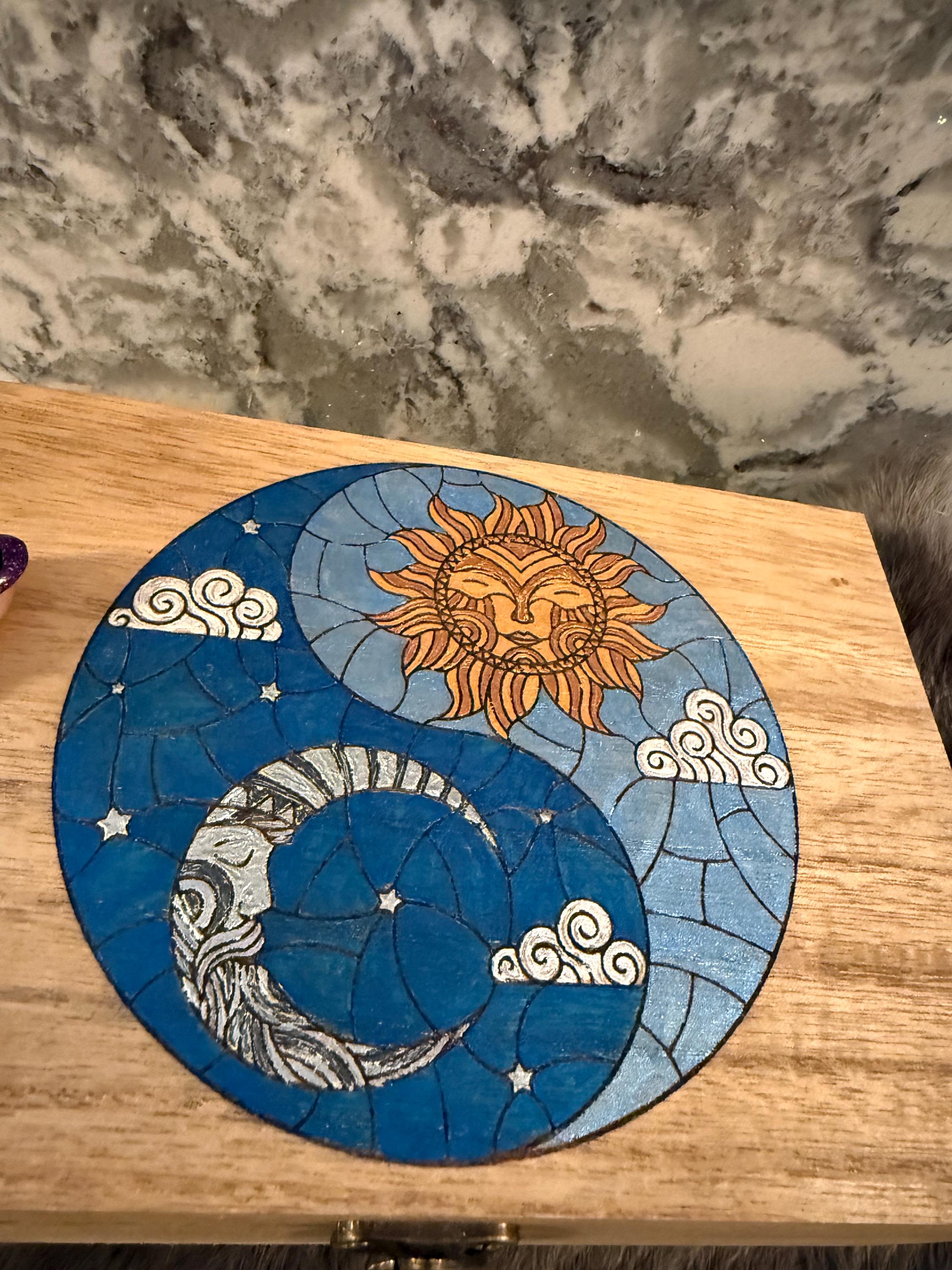 Celestial Yin Yang Altar Box: Wood Burned Sun & Moon