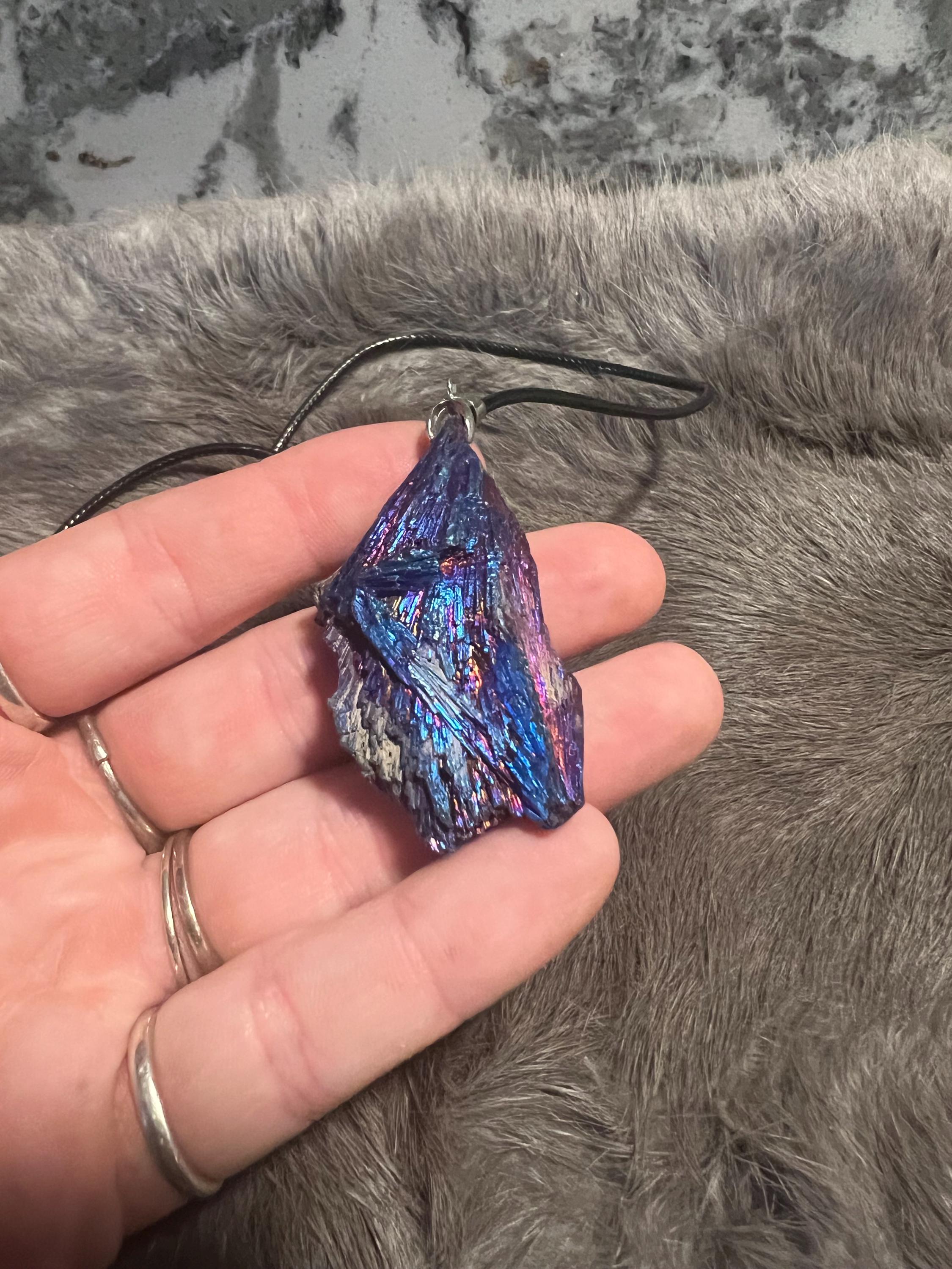 Aura Kyanite Witch Broom Pendant Necklace - Black Leather Cord