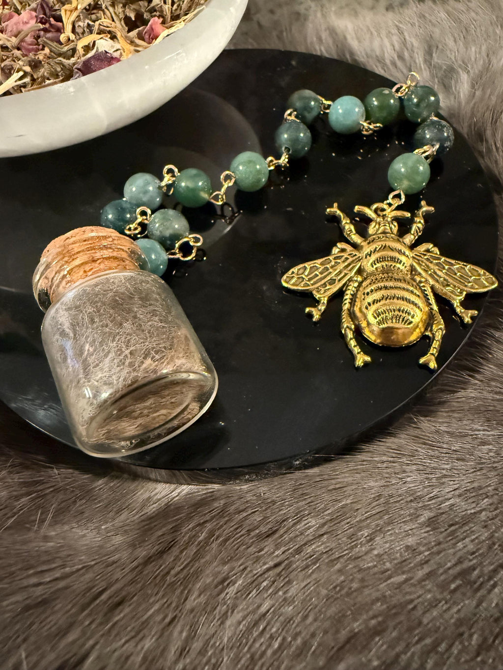 Brigid Deity Prayer Beads: Moss Beads, Bee Charm, Sheep's Wool