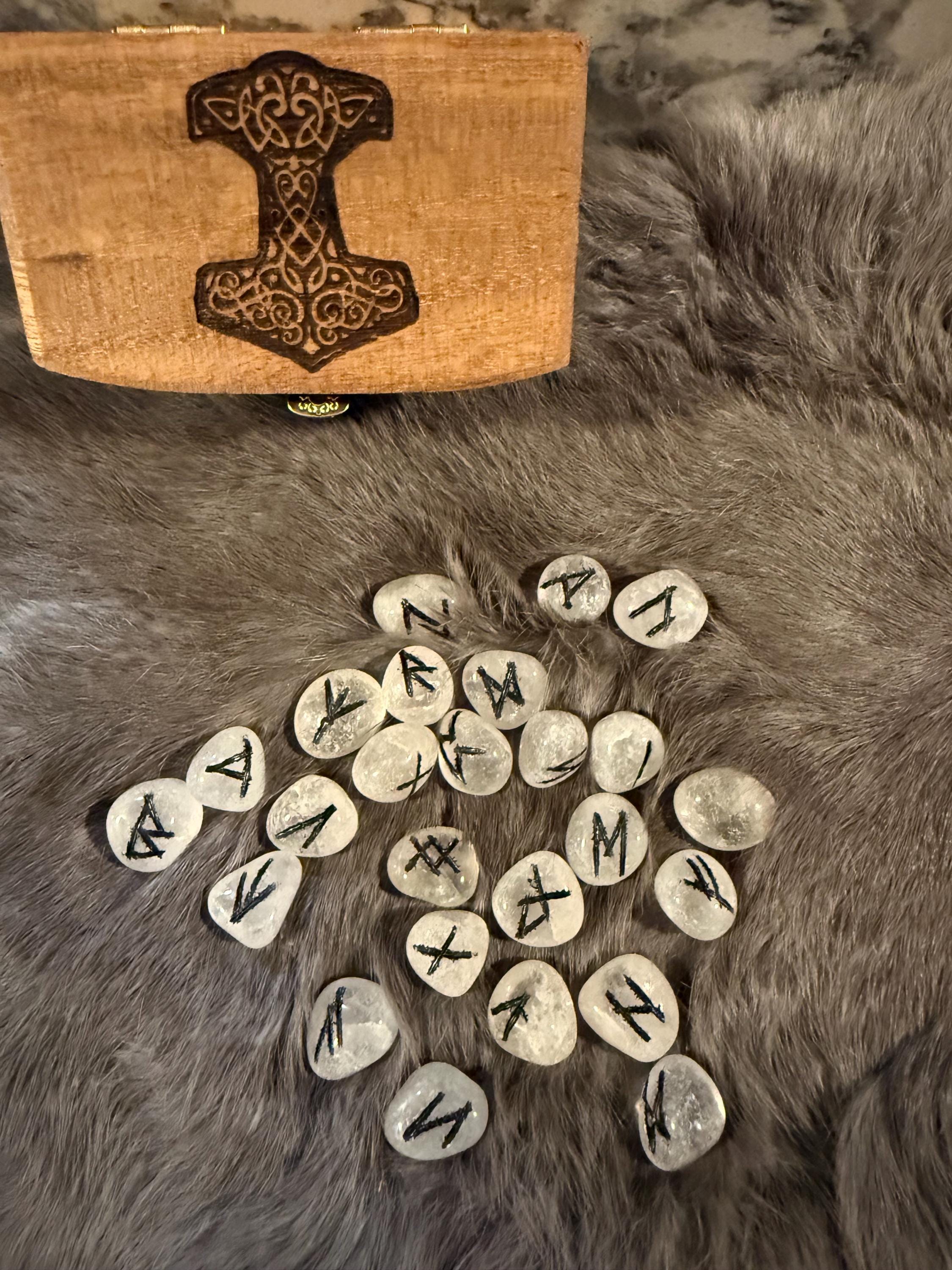 Gemstone Rune Set: Elder Futhark Runes With Thor’s Hammer Etched Wooden Box