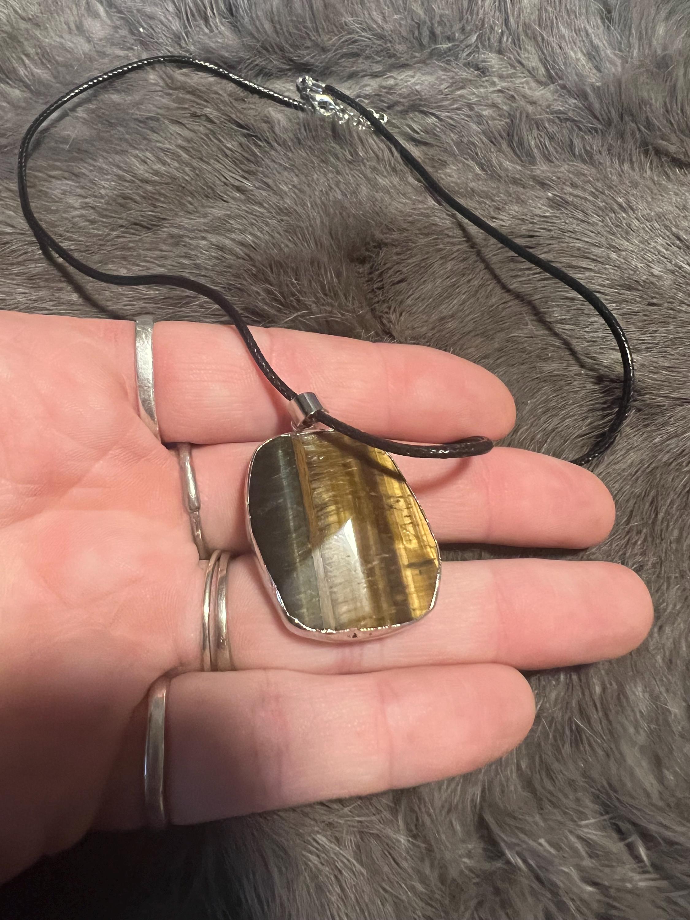 Silver Wrapped Tiger's Eye Pendant Necklace - Leather Cord