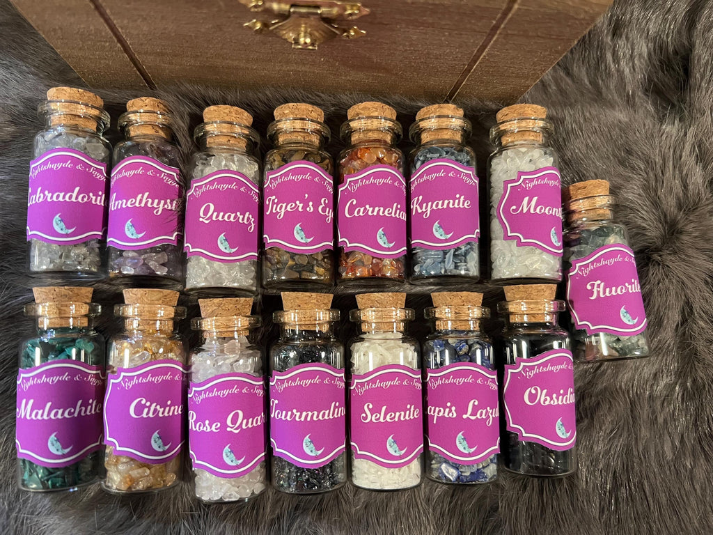 Witchy Crystal Starter Kit: 15 Mini Spell Bottles in Etched Box