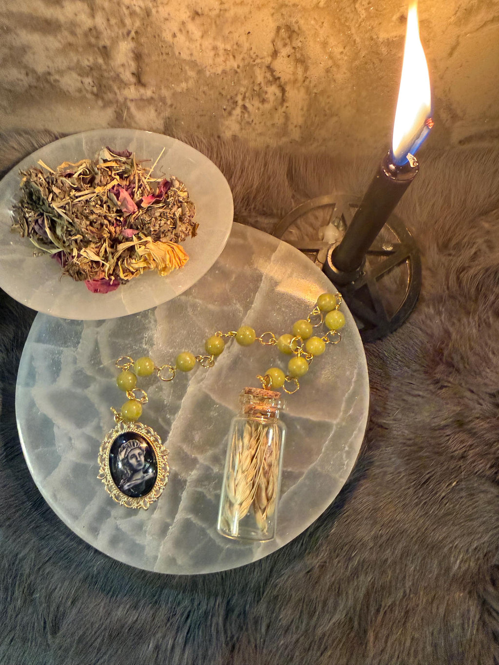 Demeter Prayer Beads: Green Jade, Dried Wheat, Goddess Altar Tool
