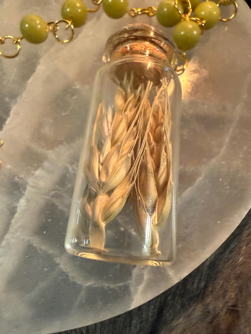 Demeter Prayer Beads: Green Jade, Dried Wheat, Goddess Altar Tool