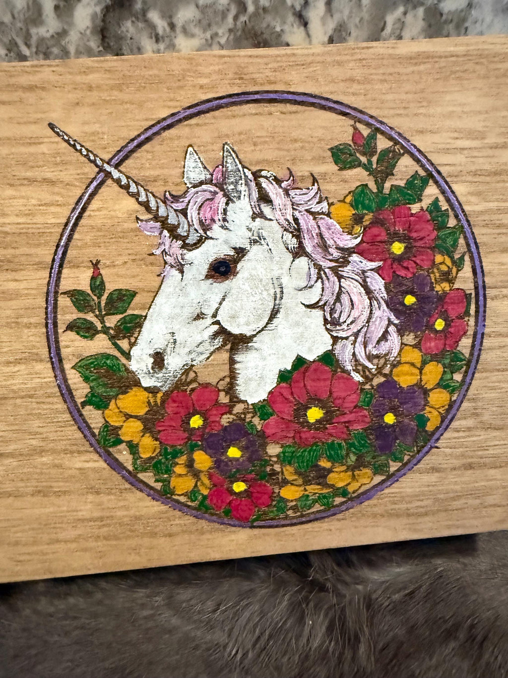 Wood Burned Unicorn Altar Box: Fantasy Wildflower Design