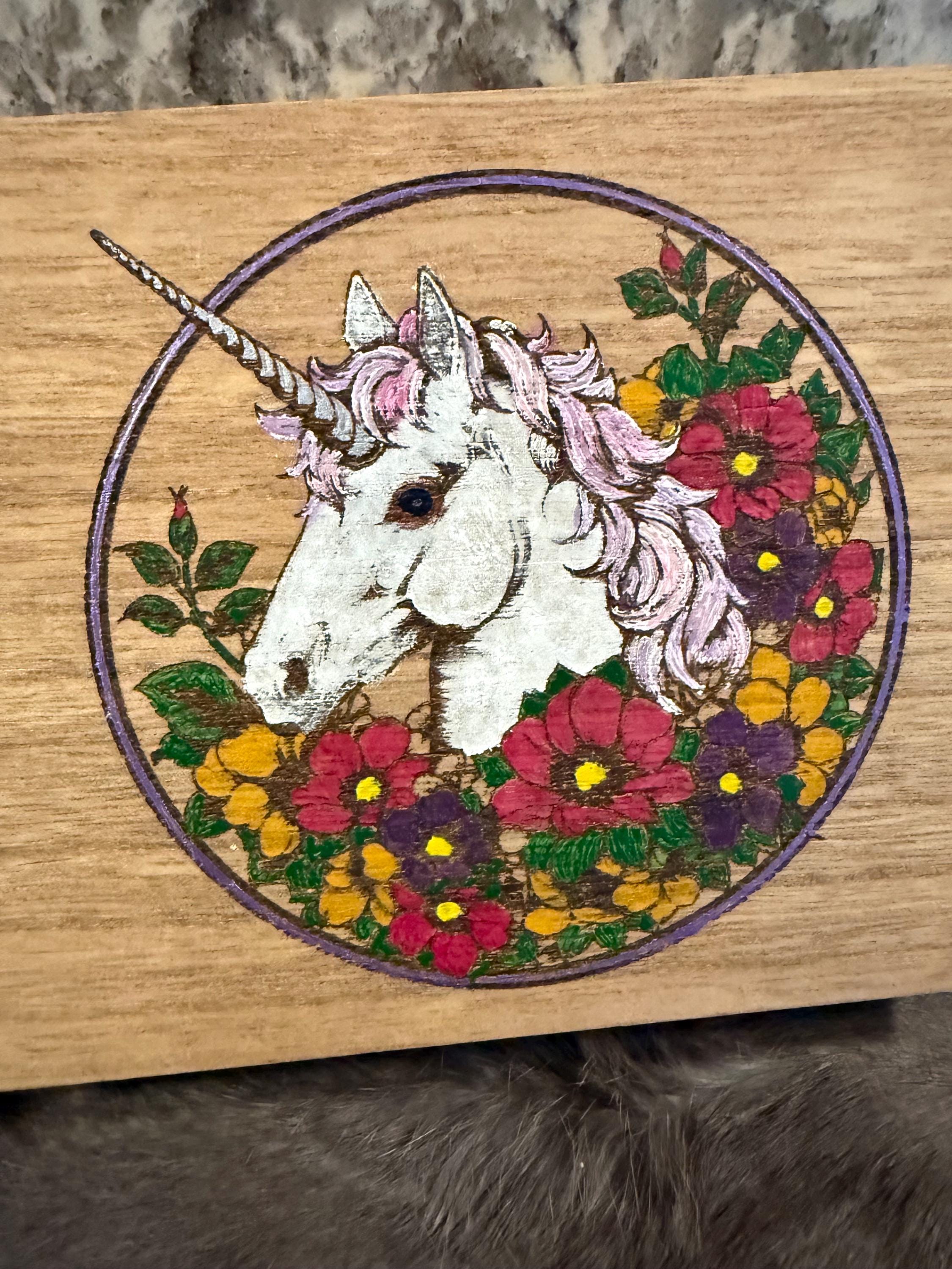 Wood Burned Unicorn Altar Box: Fantasy Wildflower Design
