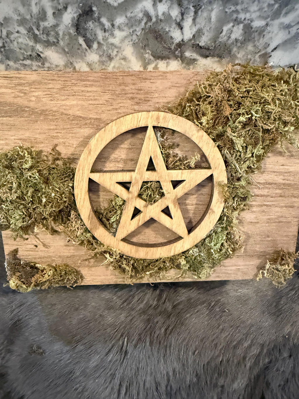 Green Witch Altar Box: Wooden Pentacle, Moss Adorned