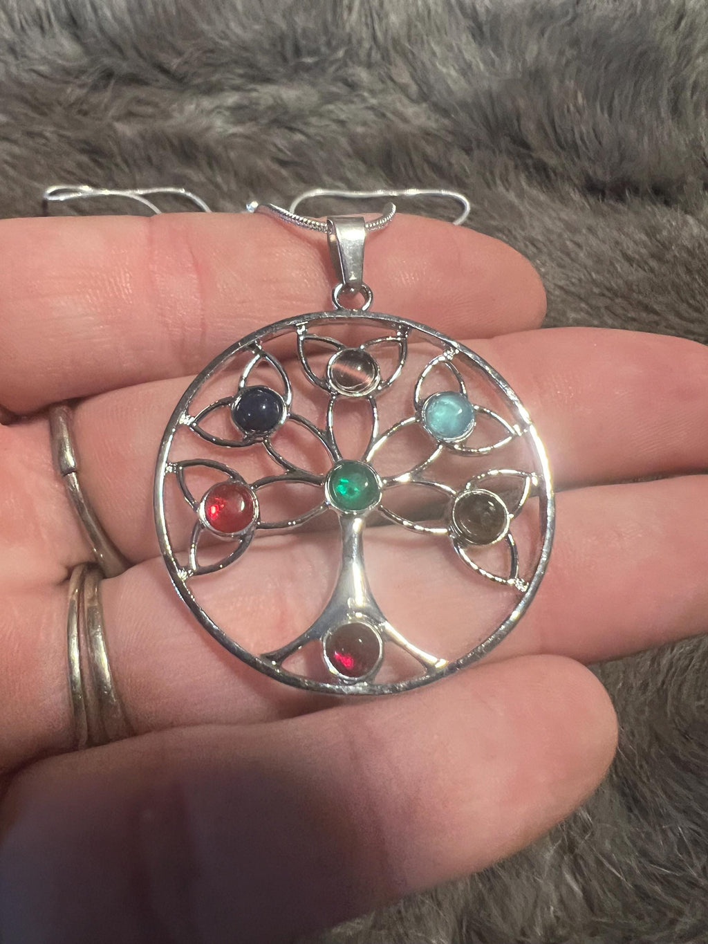 Celtic Tree of Life Necklace: Gemstone Inlay Pendant, Silver Chain