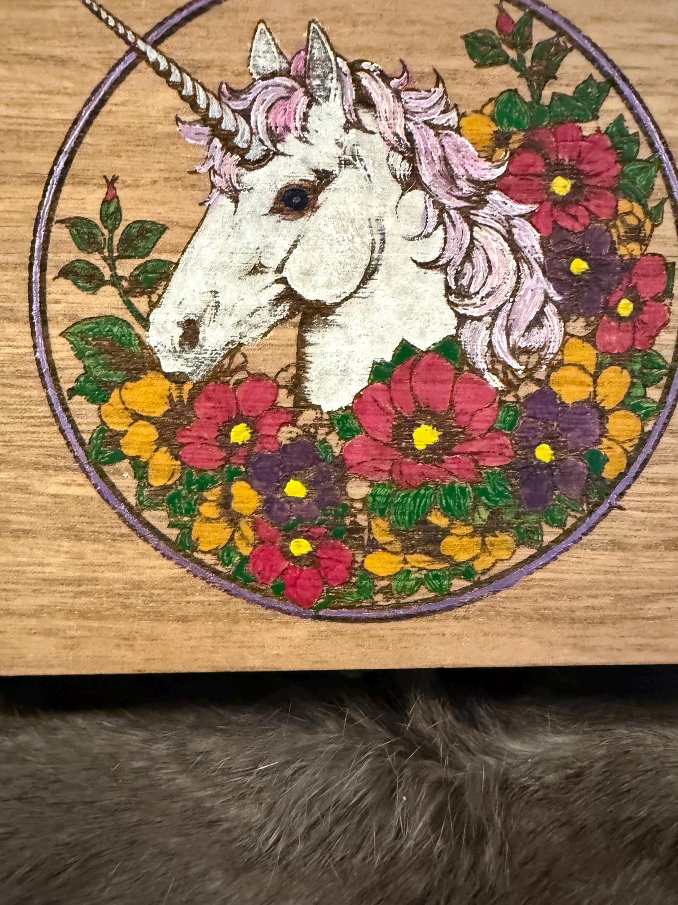 Wood Burned Unicorn Altar Box: Fantasy Wildflower Design