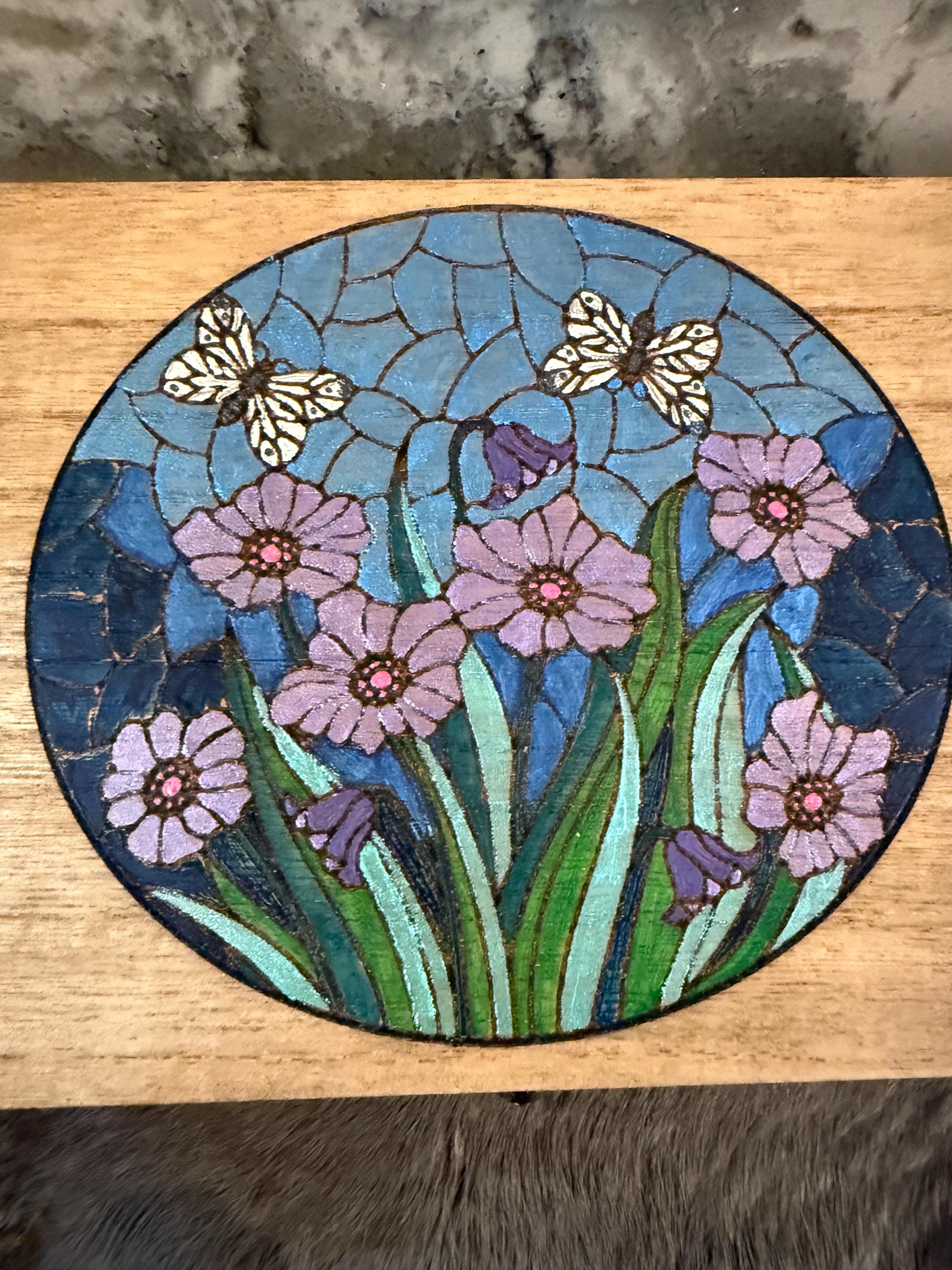 Handmade Garden Altar Box: Wood Burned Stained Glass Style